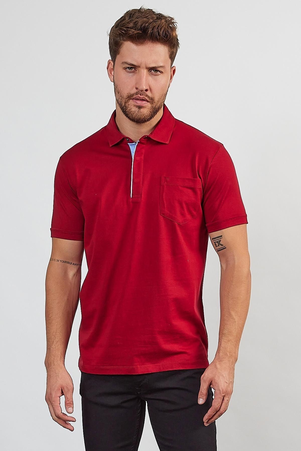 Erkek Basic Cepli Çıtçıtlı Dar Kahverengi Polo Yaka Tişört - Bordo