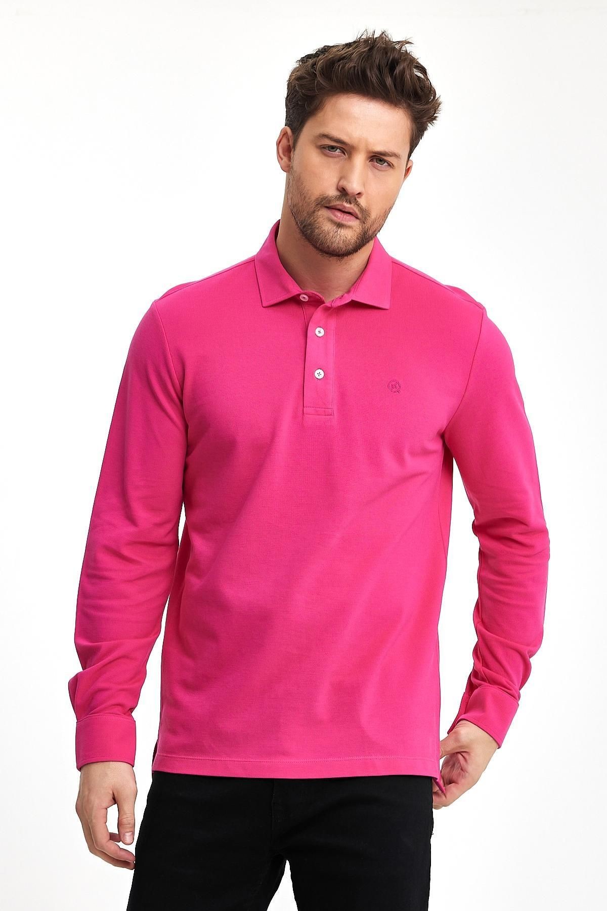 Erkek Polo Yaka Comfort Uzun Kollu Basic Fuşya Tişört