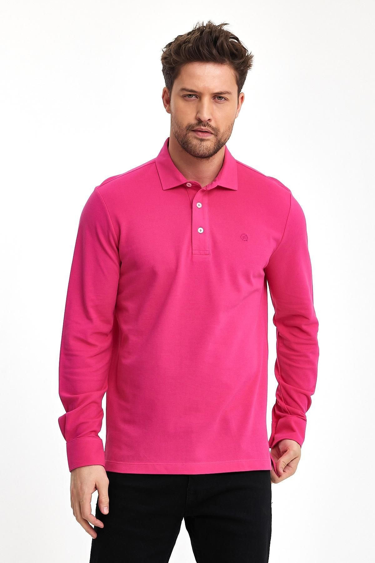Erkek Polo Yaka Comfort Uzun Kollu Basic Fuşya Tişört