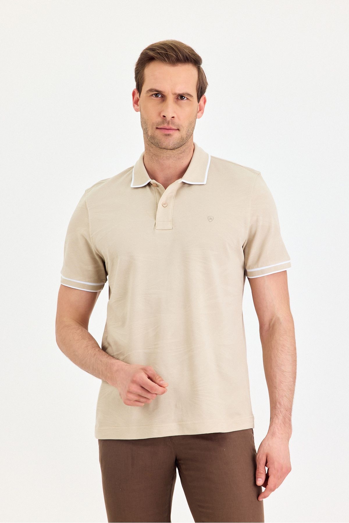 Erkek Basic Düz Beyaz Düğmeli Polo Yaka Kıvrılmaz %100 Pamuk Slim Fit Tişört - Bej