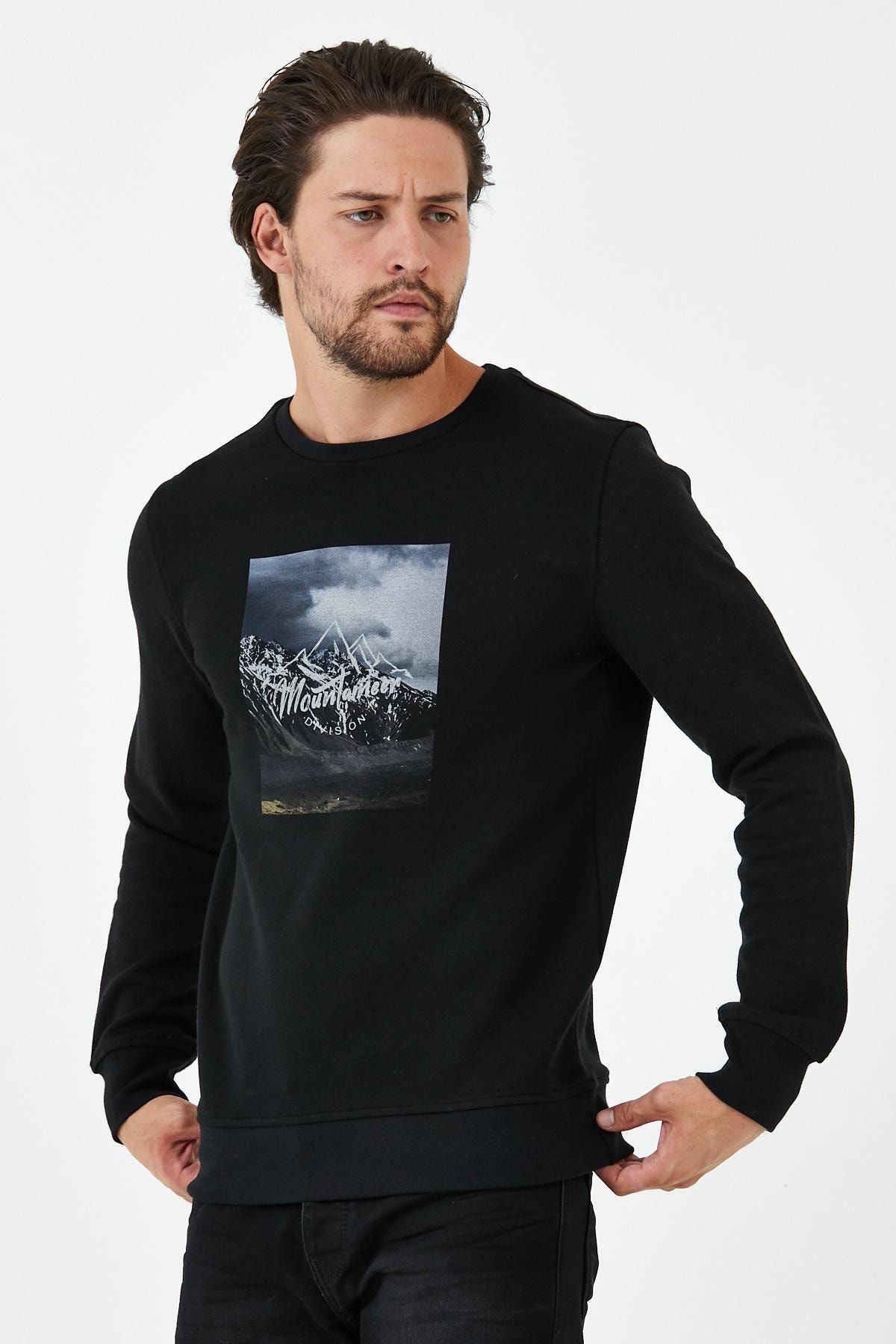Erkek Kışlık Baskılı Bisiklet Yaka Lacivert Sweatshirt - Siyah