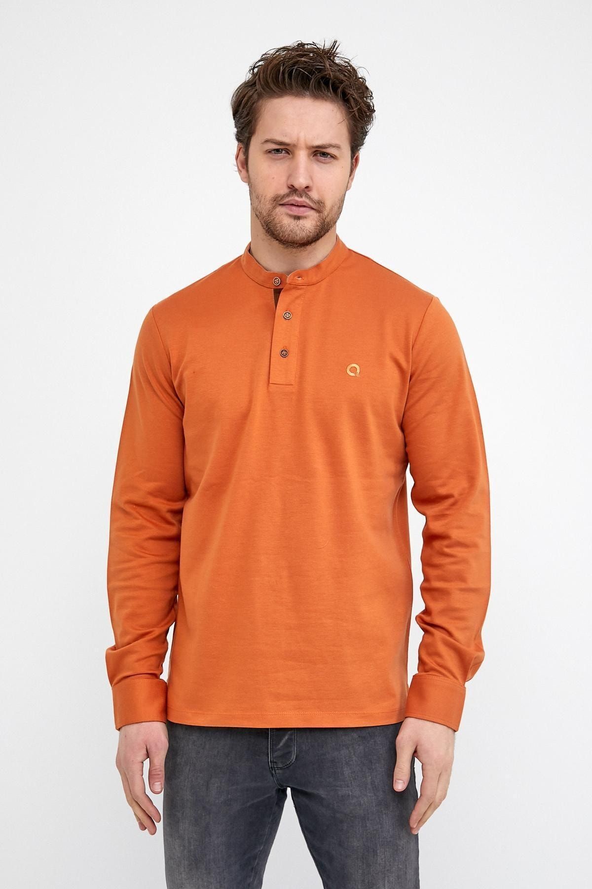 Erkek Hakim Yaka Pike Uzun Kol Sweatshirt Koyu Lacivert - Oranj