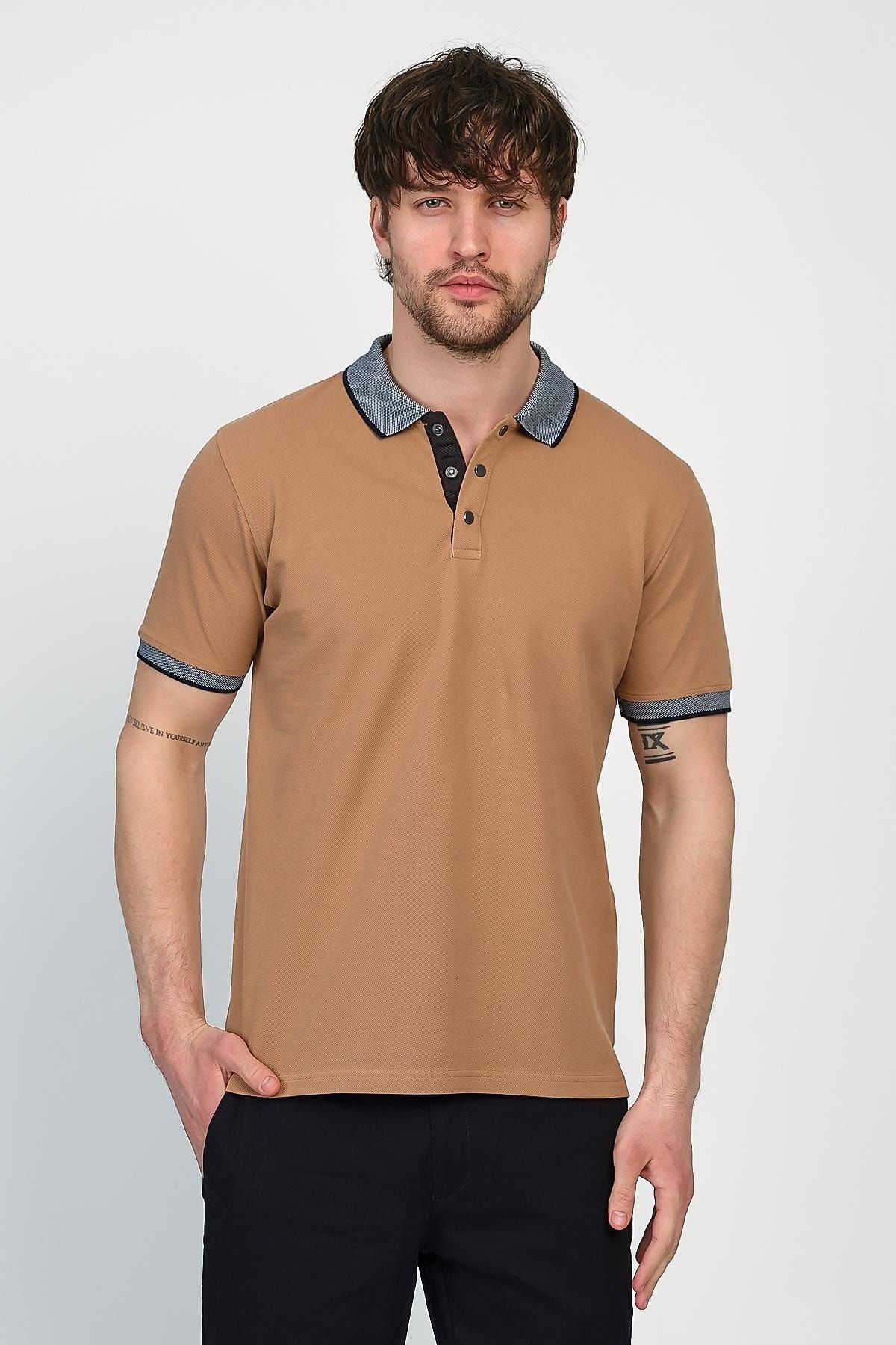 Erkek Basic Düz Kısa Kol Pudra Uzun Polo Yaka Tişört - Camel