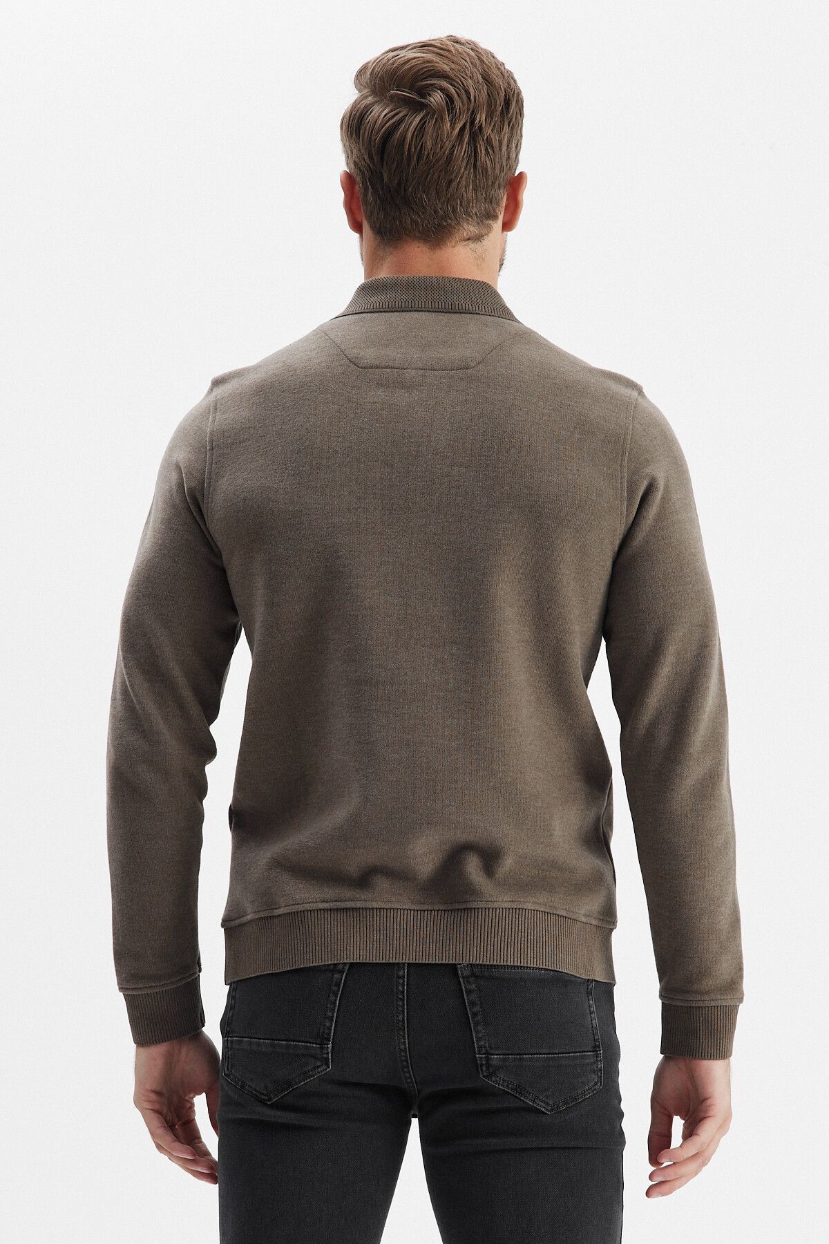 Erkek Uzun Bol Basic Polo Yaka Kışlık Vizon Sweatshirt