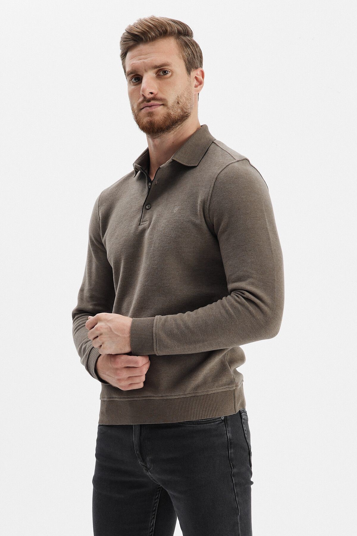 Erkek Uzun Bol Basic Polo Yaka Kışlık Vizon Sweatshirt