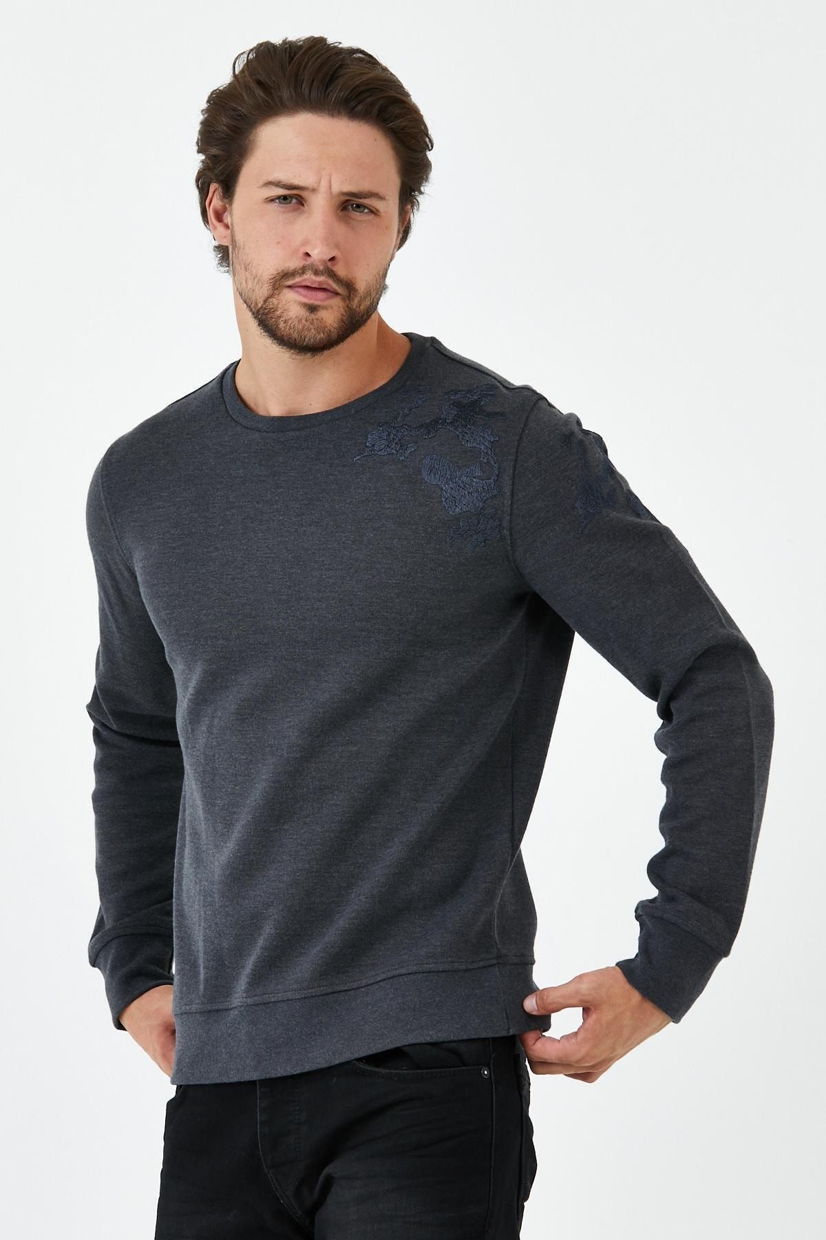 Erkek Uzun Bol Bisiklet Yaka Kışlık Siyah Sweatshirt - Antrasit