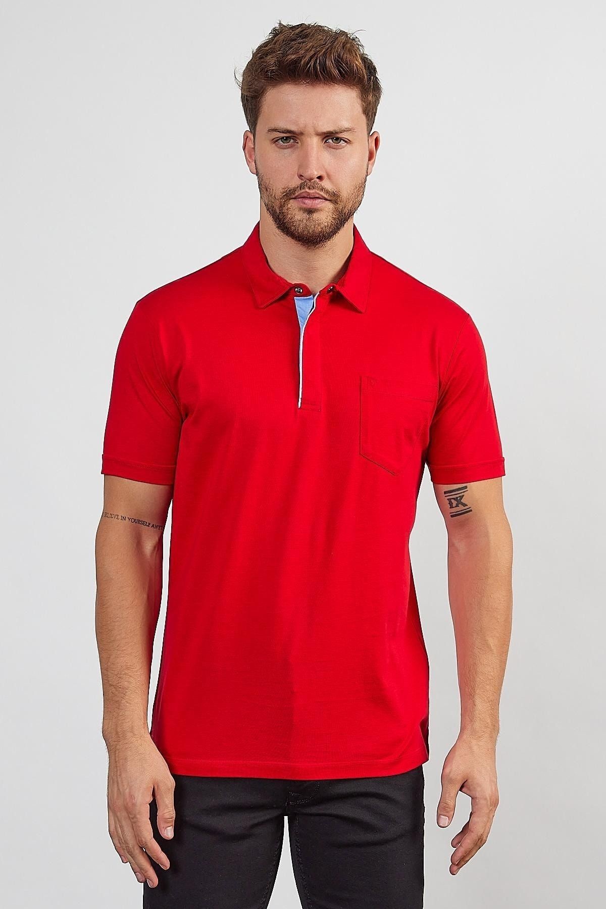 Erkek Basic Cepli Çıtçıtlı Dar Kahverengi Polo Yaka Tişört - Nar