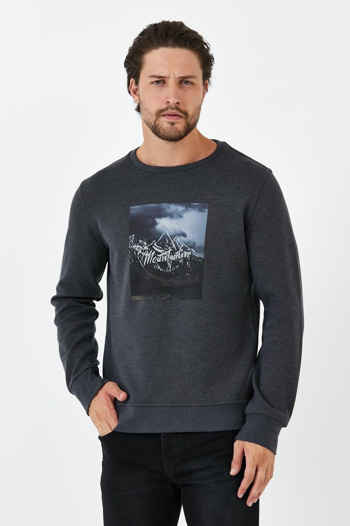 Erkek Kışlık Baskılı Bisiklet Yaka Lacivert Sweatshirt - Antrasit