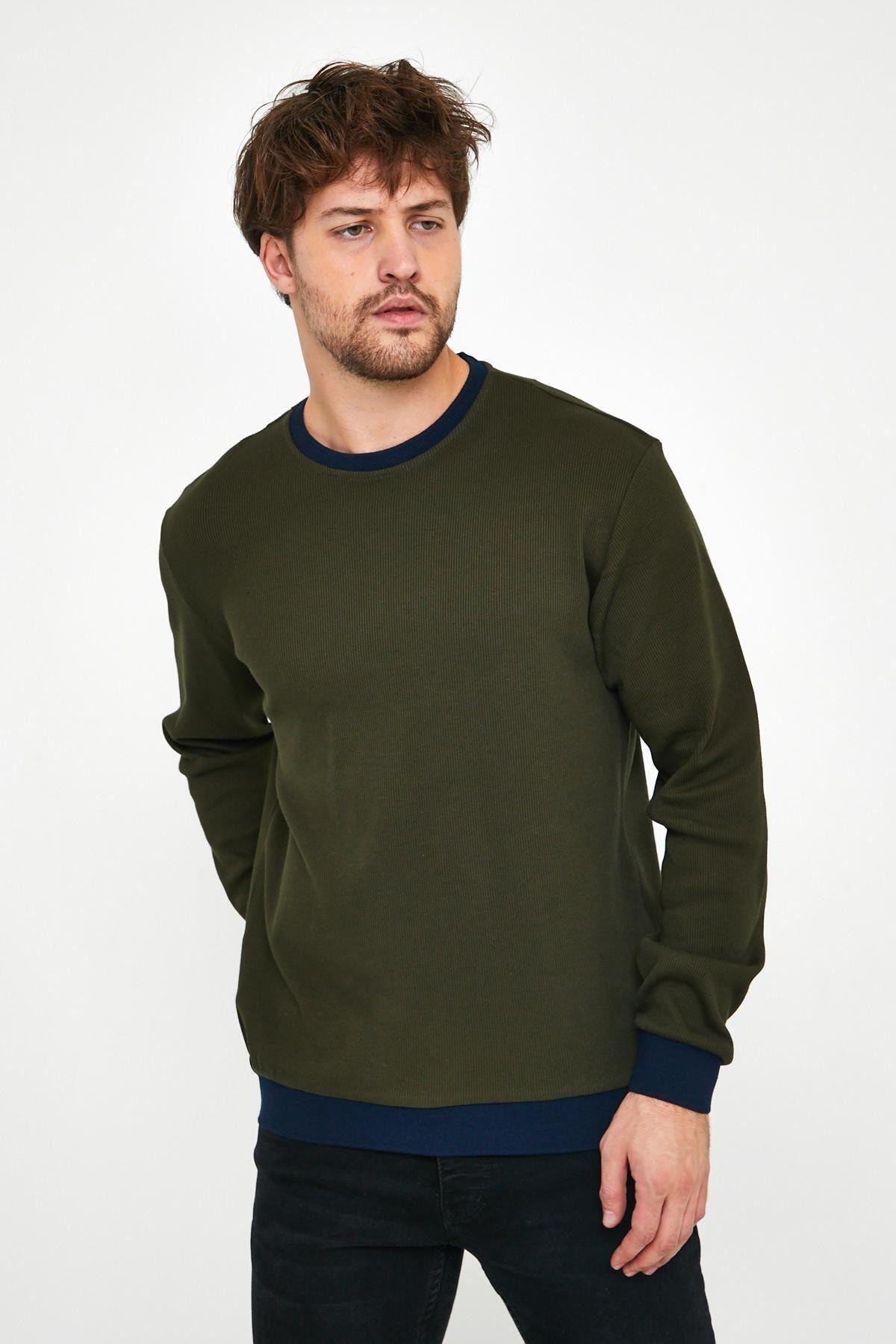 Erkek Kışlık Uzun Bisiklet Yaka Bol Haki Sweatshirt