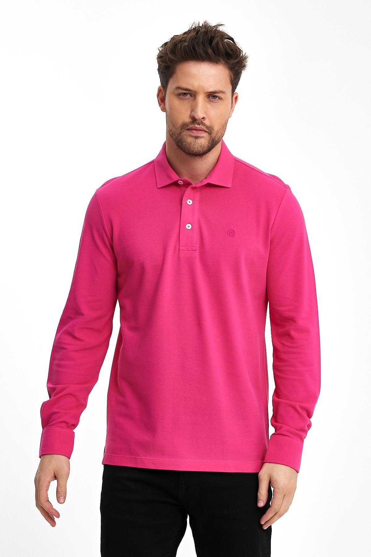 Erkek Polo Yaka Comfort Uzun Kollu Basic Fuşya Tişört