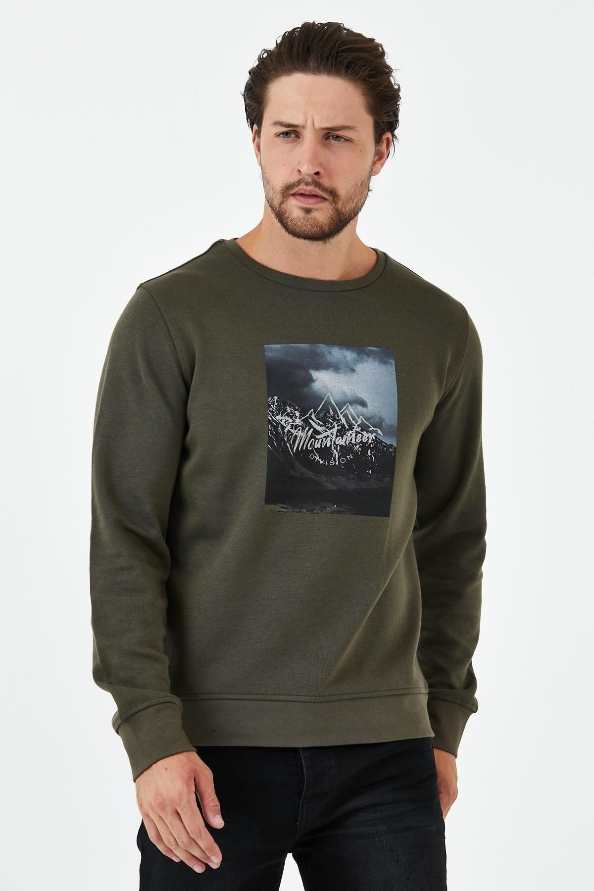 Erkek Kışlık Baskılı Bisiklet Yaka Lacivert Sweatshirt - Haki