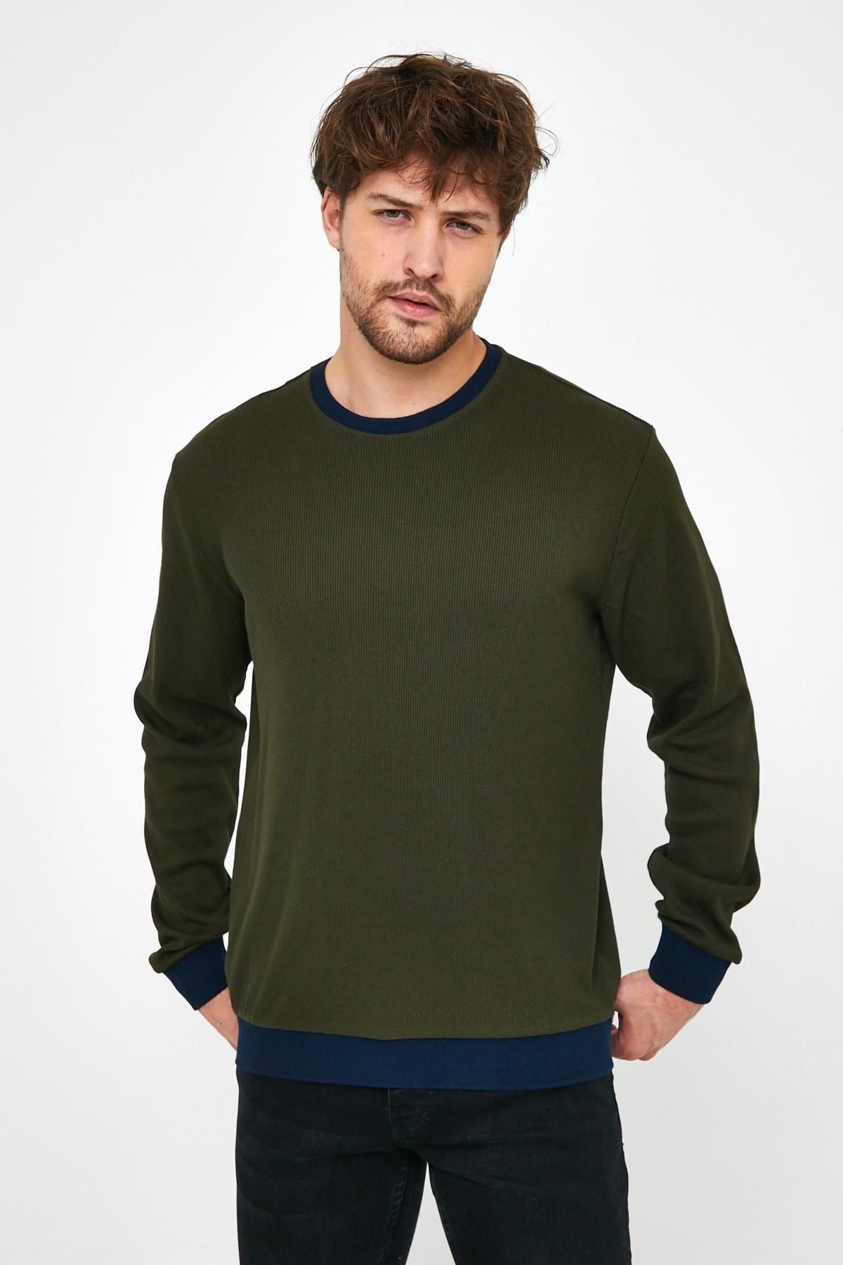 Erkek Kışlık Uzun Bisiklet Yaka Bol Haki Sweatshirt