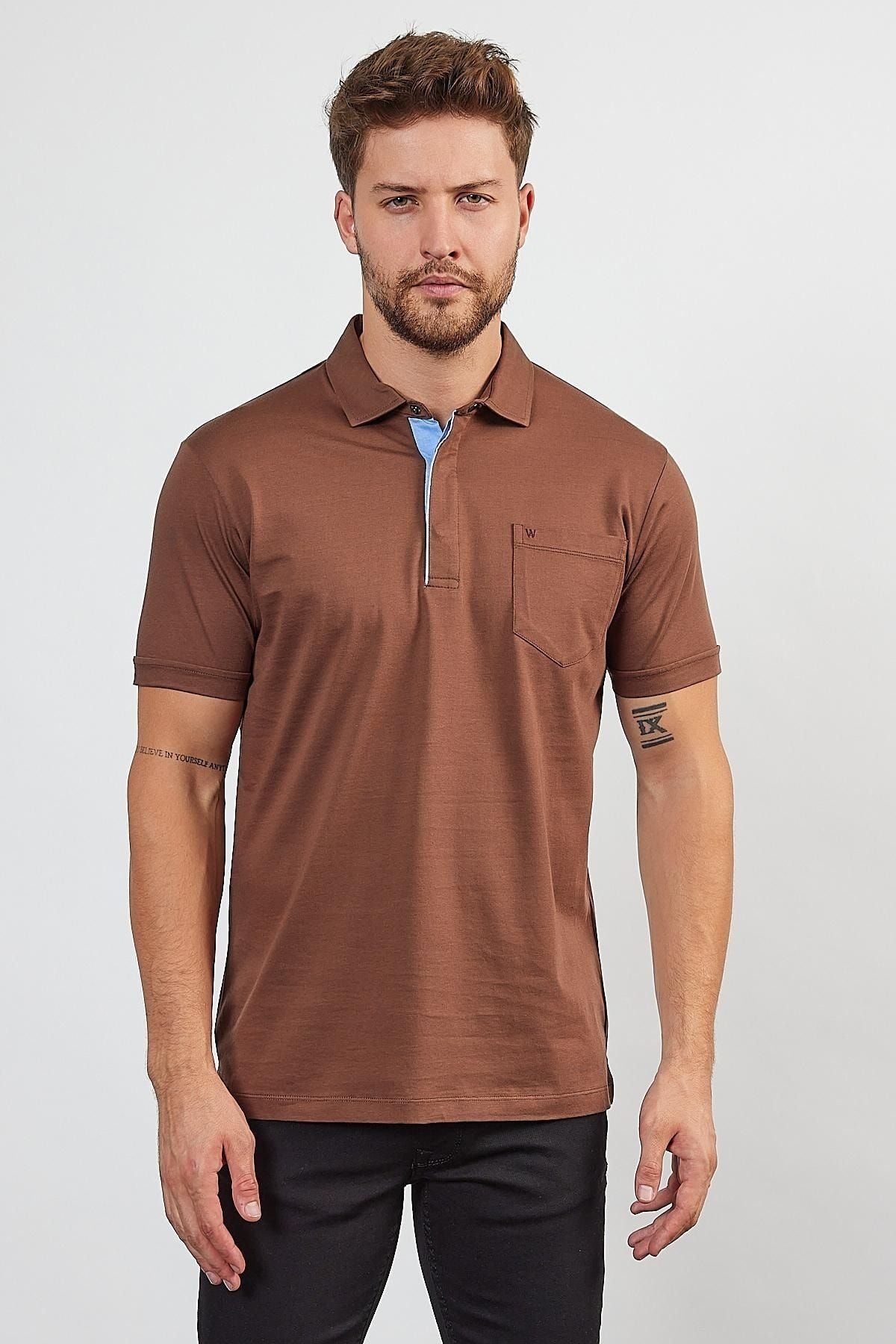 Erkek Basic Cepli Çıtçıtlı Dar Kahverengi Polo Yaka Tişört - Kahverengi