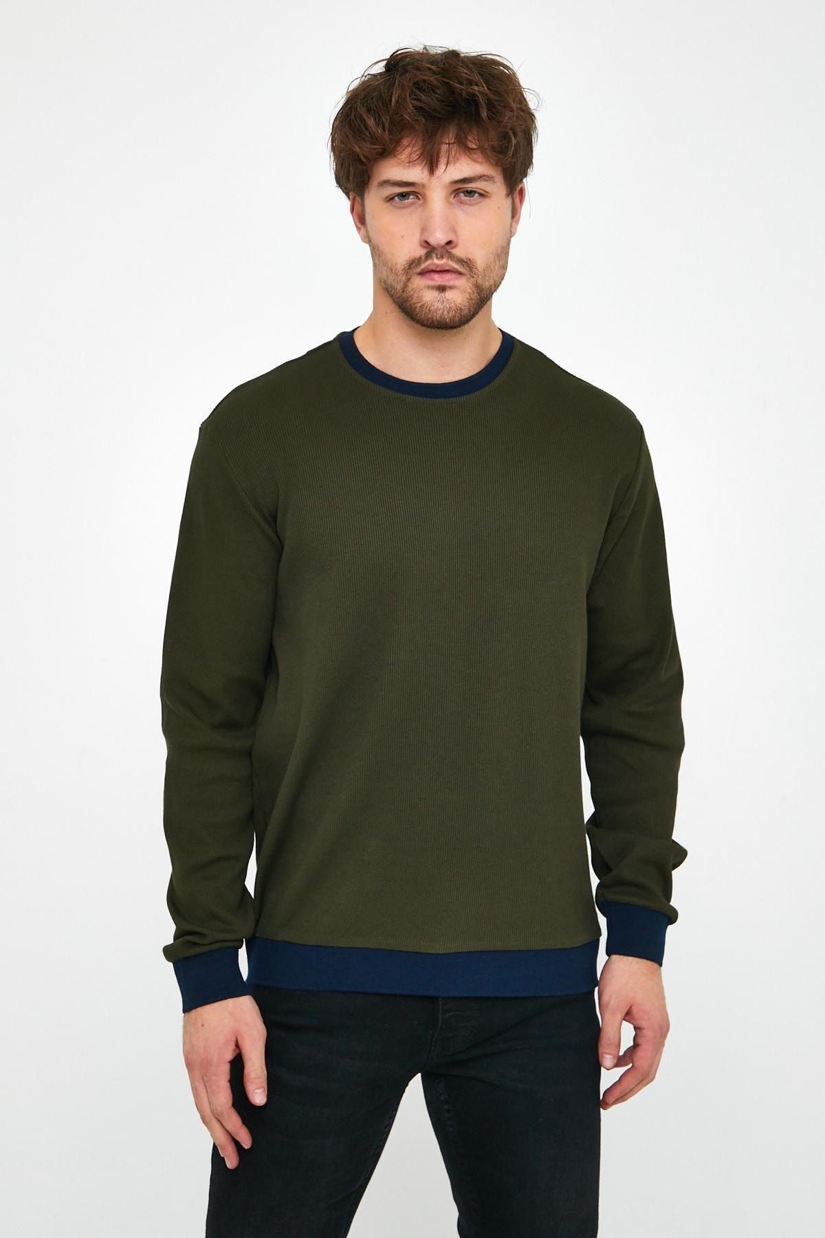 Erkek Kışlık Uzun Bisiklet Yaka Bol Haki Sweatshirt