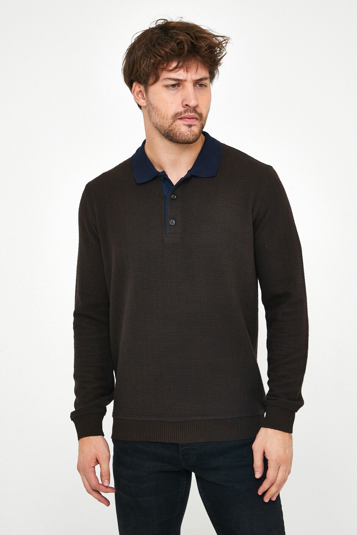 Erkek Polo Yaka Sweatshirt Gri