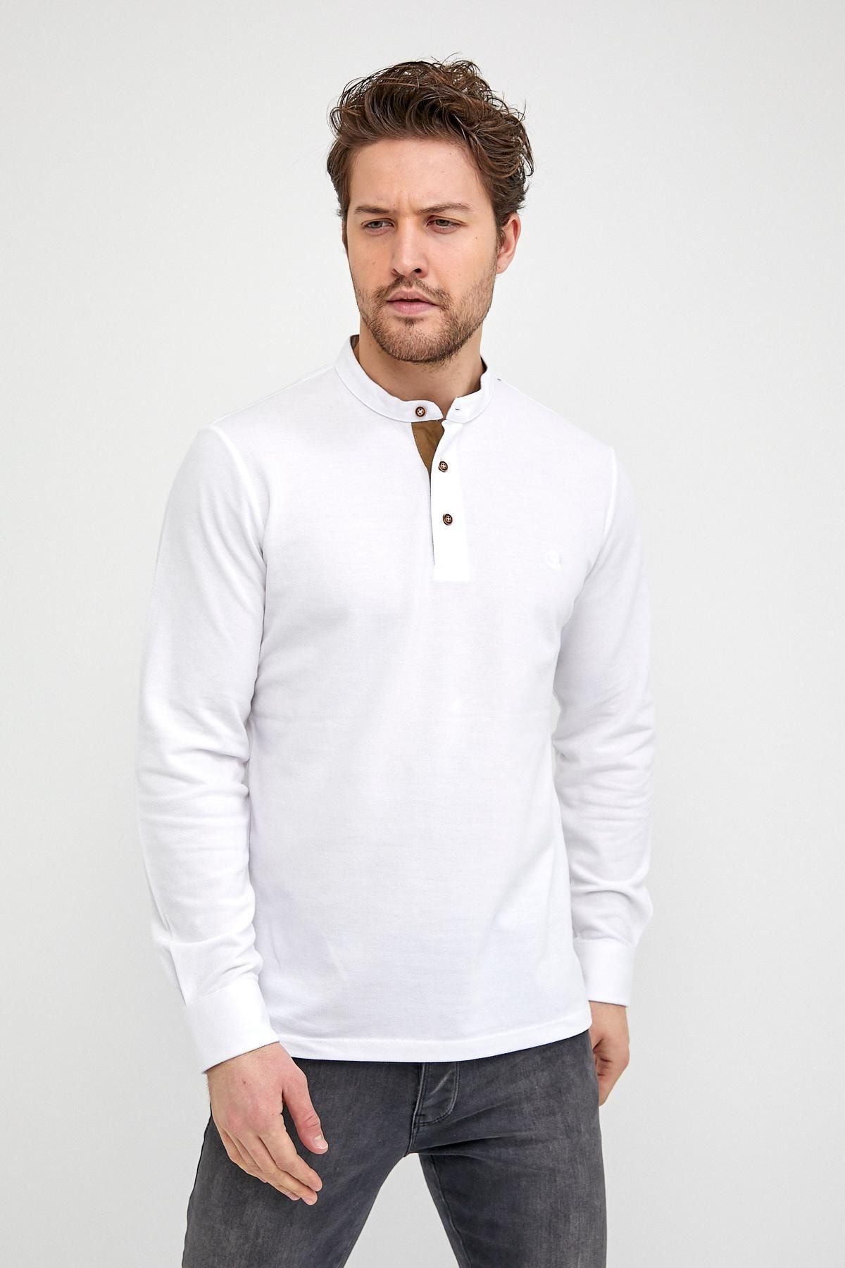 Erkek Hakim Yaka Pike Uzun Kol Sweatshirt Koyu Lacivert - Beyaz