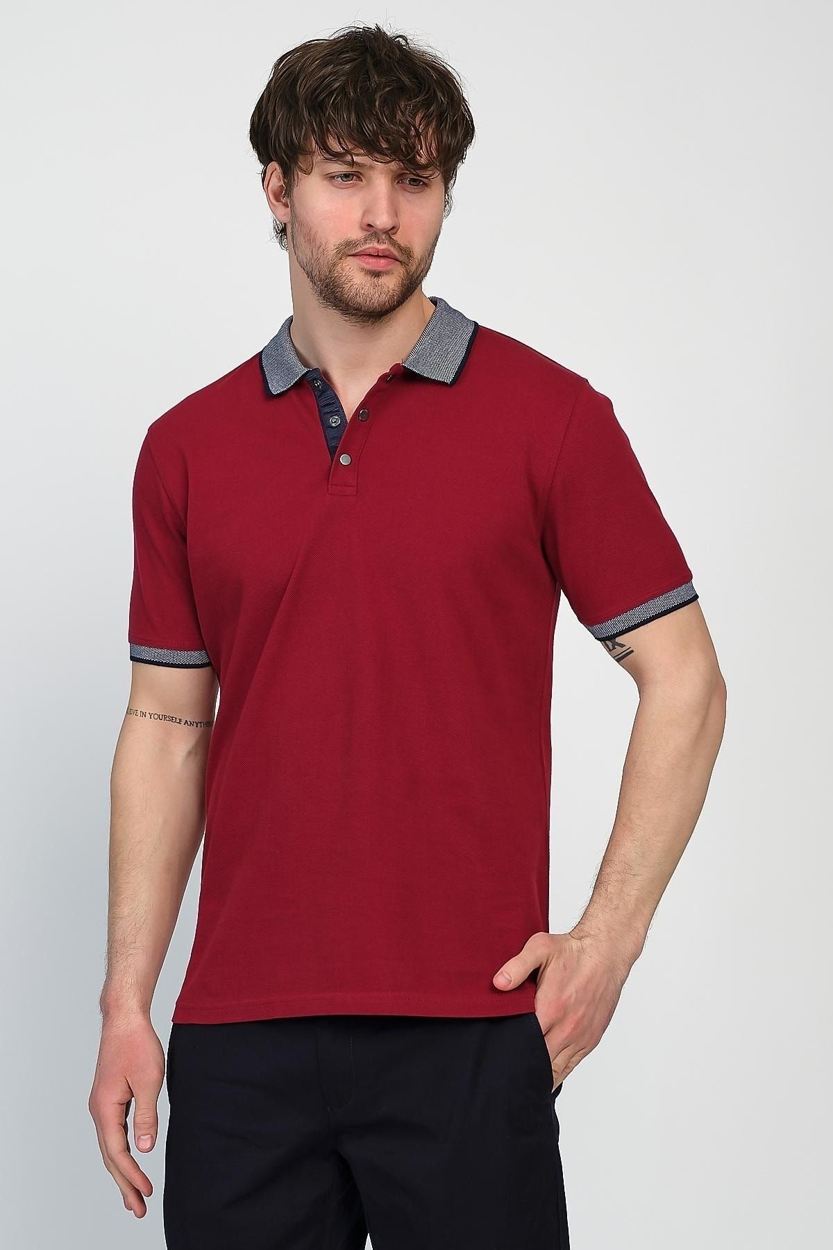 Erkek Basic Düz Kısa Kol Pudra Uzun Polo Yaka Tişört - Bordo