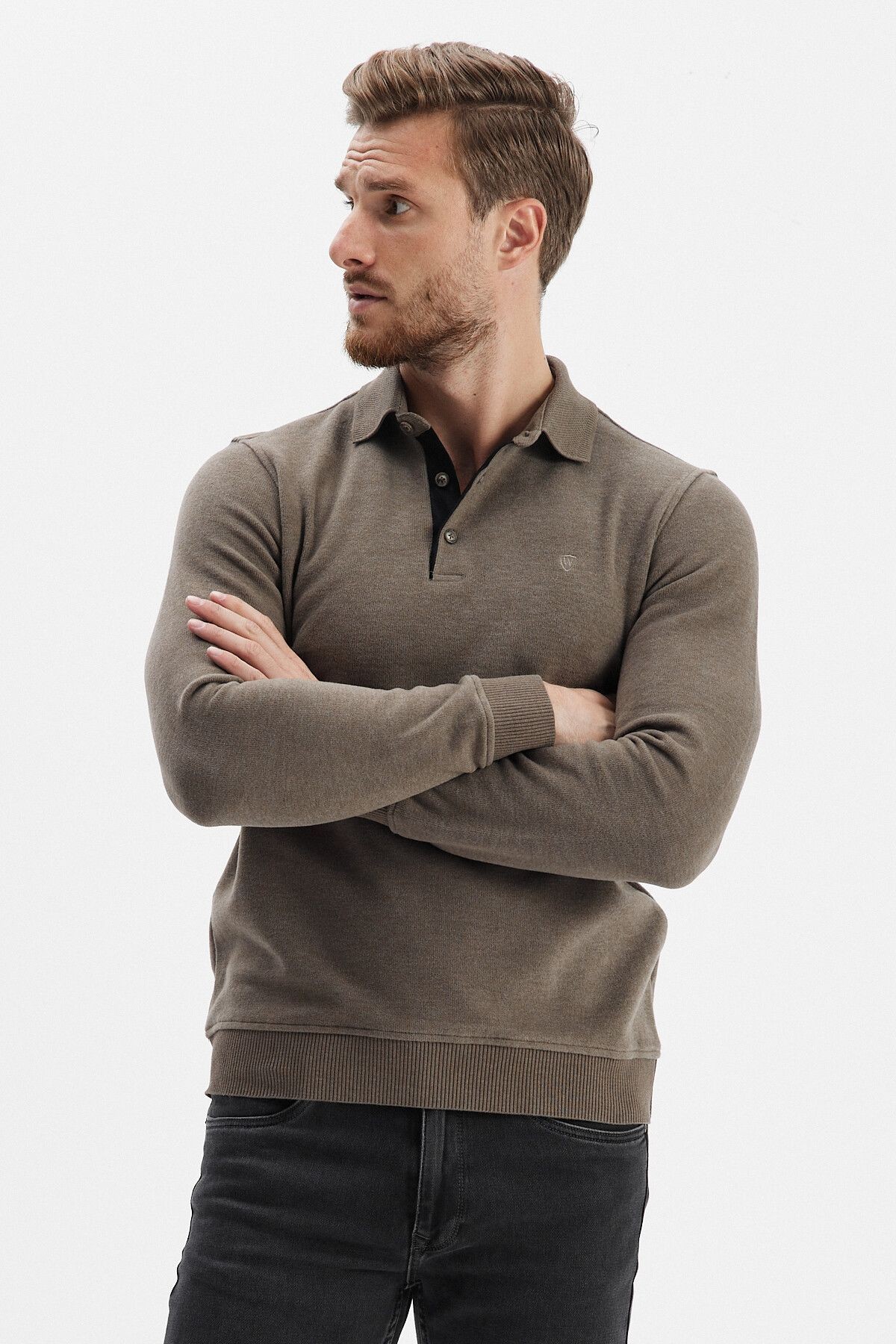 Erkek Uzun Bol Basic Polo Yaka Kışlık Vizon Sweatshirt