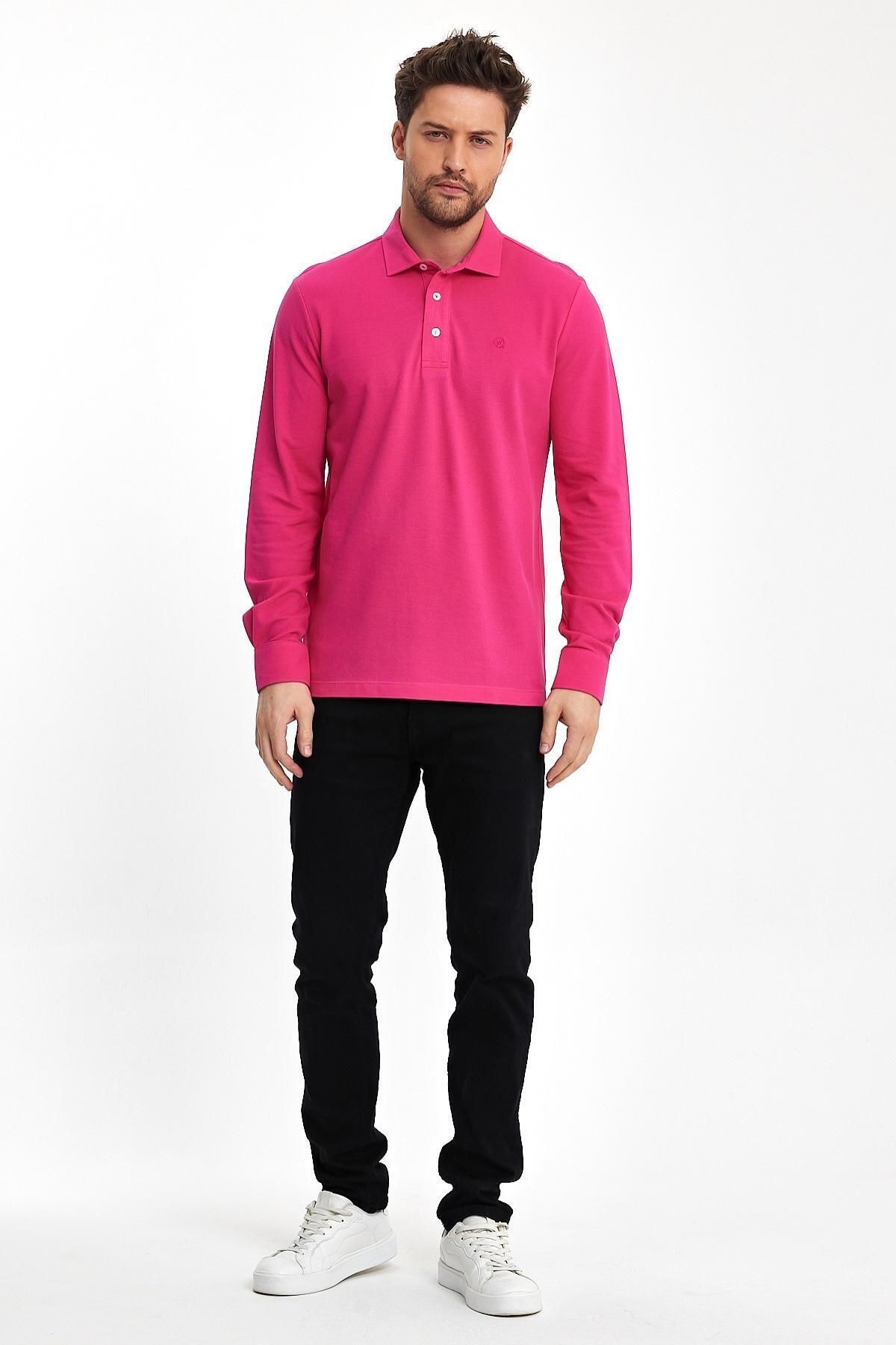 Erkek Polo Yaka Comfort Uzun Kollu Basic Fuşya Tişört
