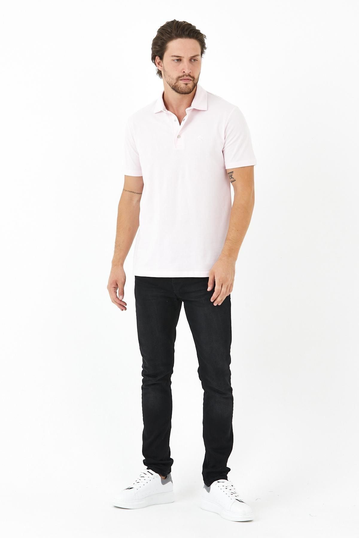 Erkek Basic Kısa Kol Pike Düz Pudra Polo Yaka Tişört