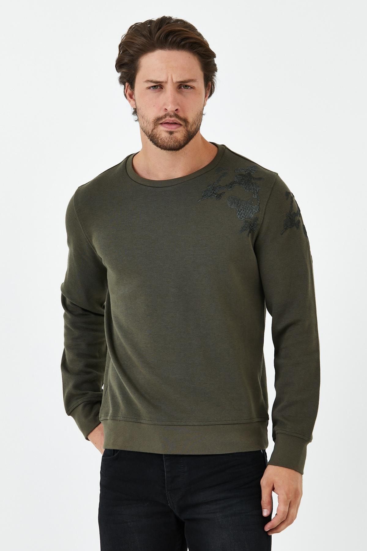 Erkek Uzun Bol Bisiklet Yaka Kışlık Siyah Sweatshirt - Haki
