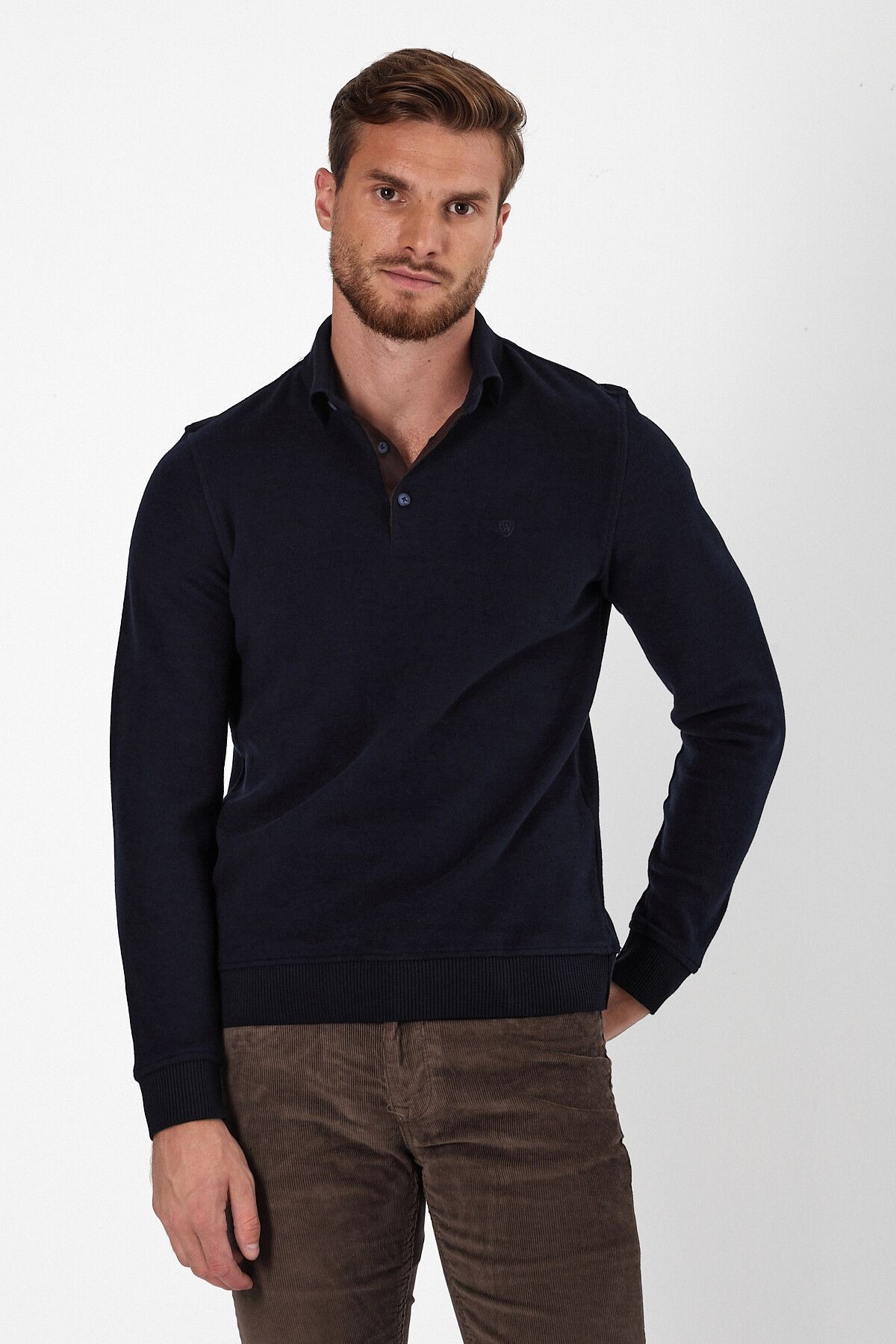 Erkek Uzun Bol Basic Polo Yaka Kışlık Vizon Sweatshirt