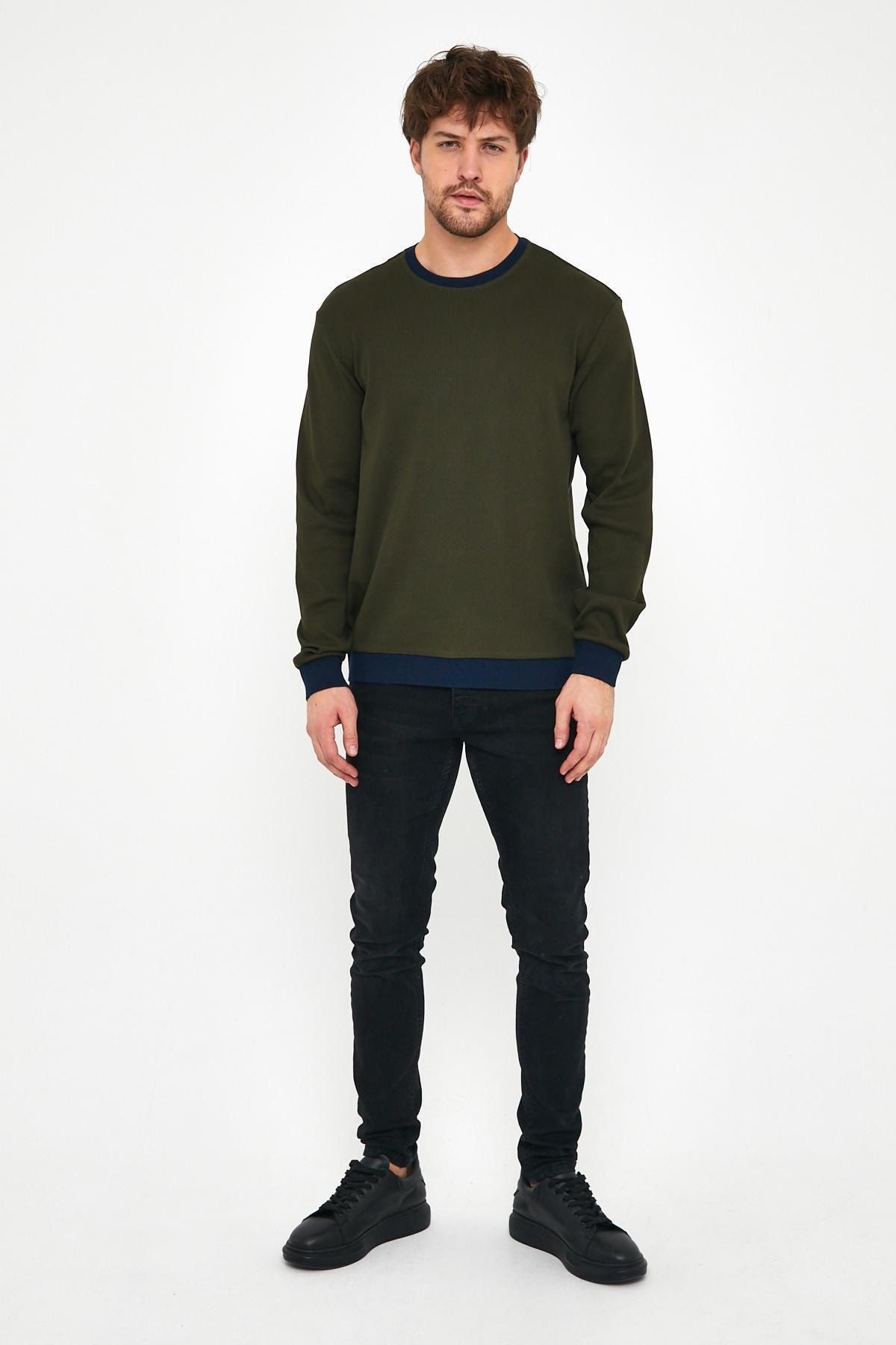 Erkek Kışlık Uzun Bisiklet Yaka Bol Haki Sweatshirt