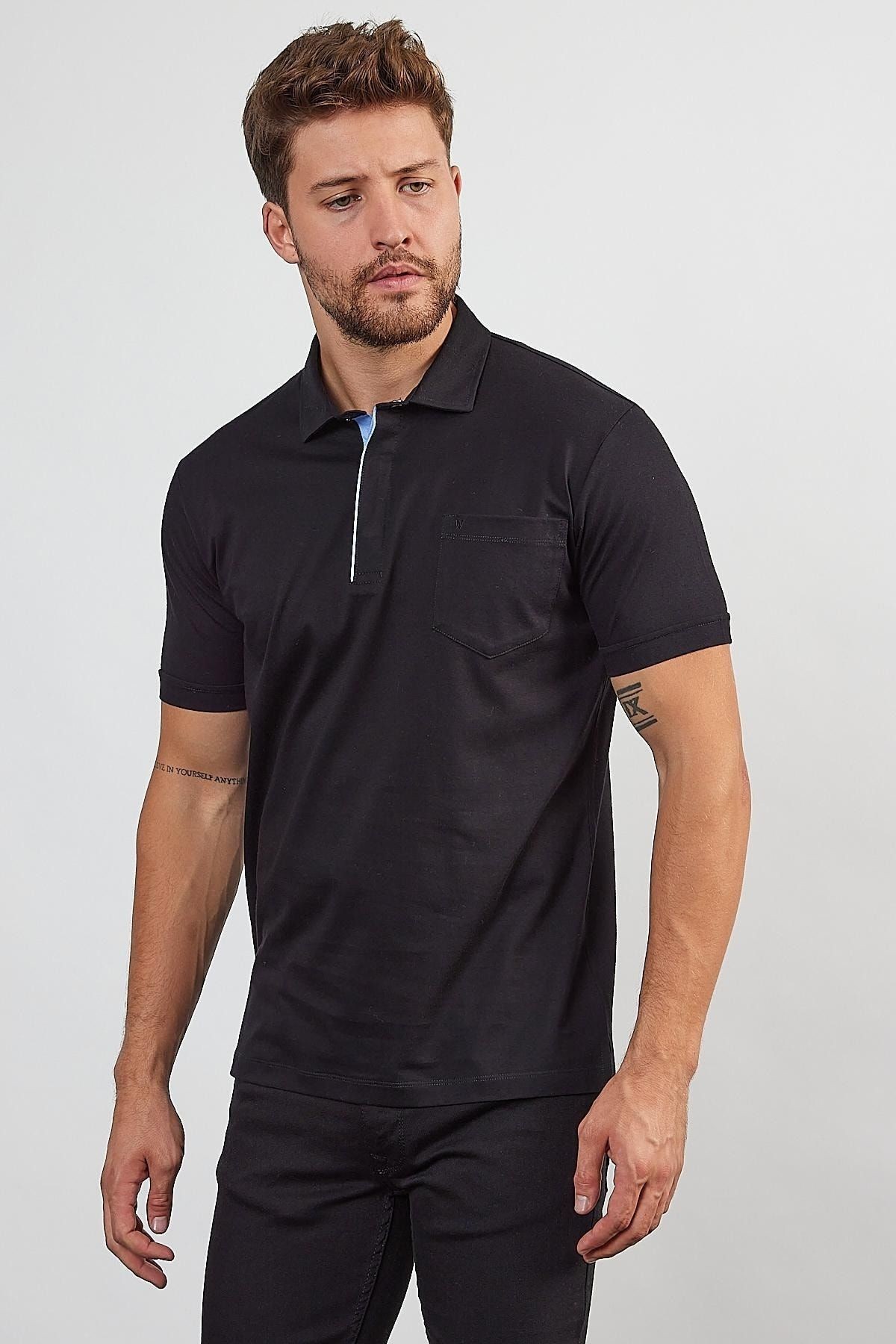 Erkek Basic Cepli Çıtçıtlı Dar Kahverengi Polo Yaka Tişört - Siyah