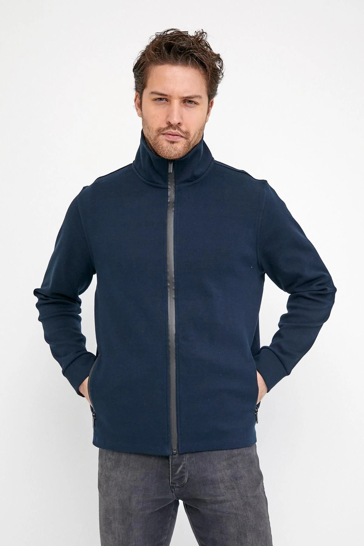 Erkek Comfort Boğazlı Fermuarlı Kışlık Lacivert Mont