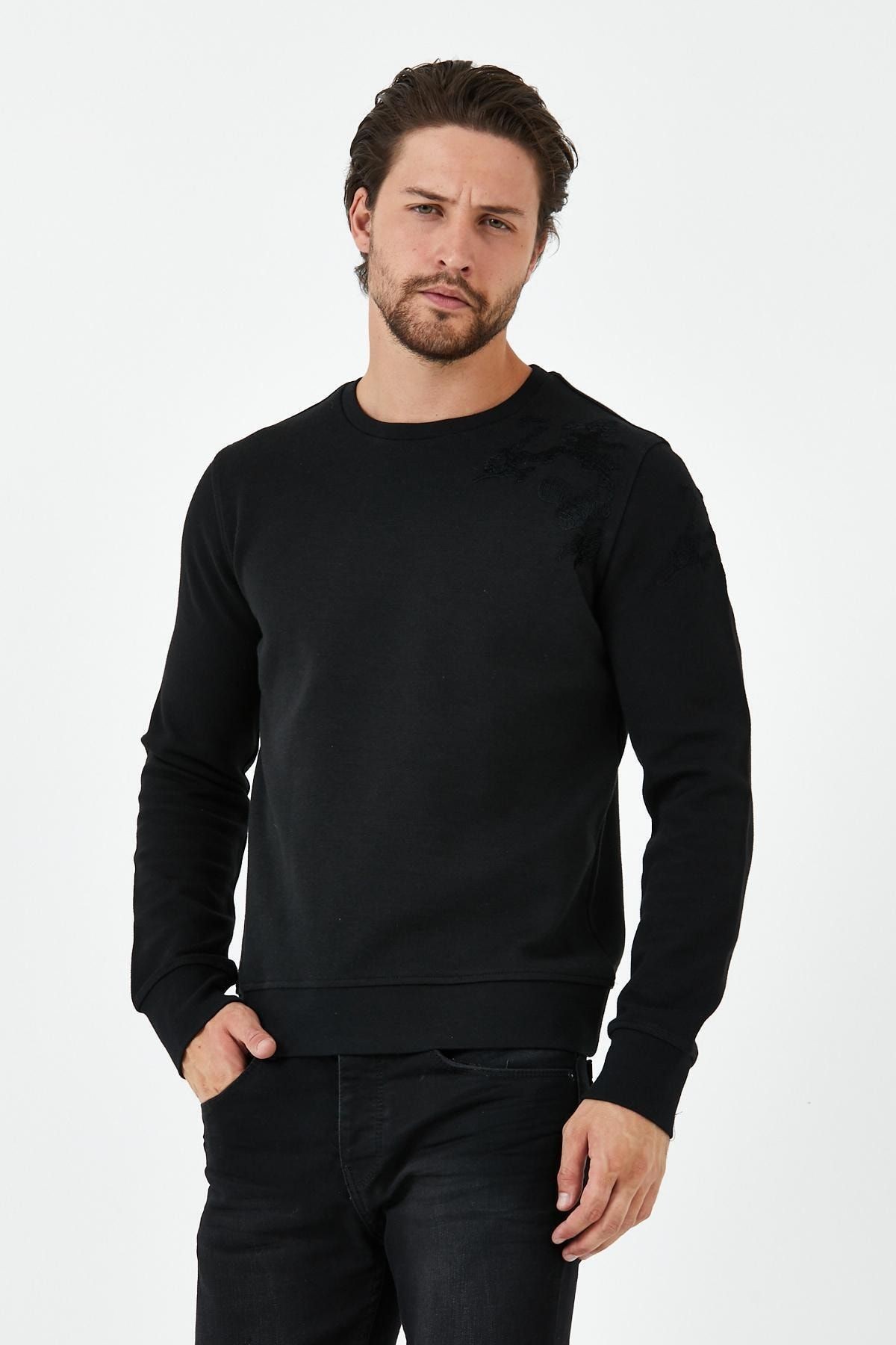 Erkek Uzun Bol Bisiklet Yaka Kışlık Siyah Sweatshirt - Siyah
