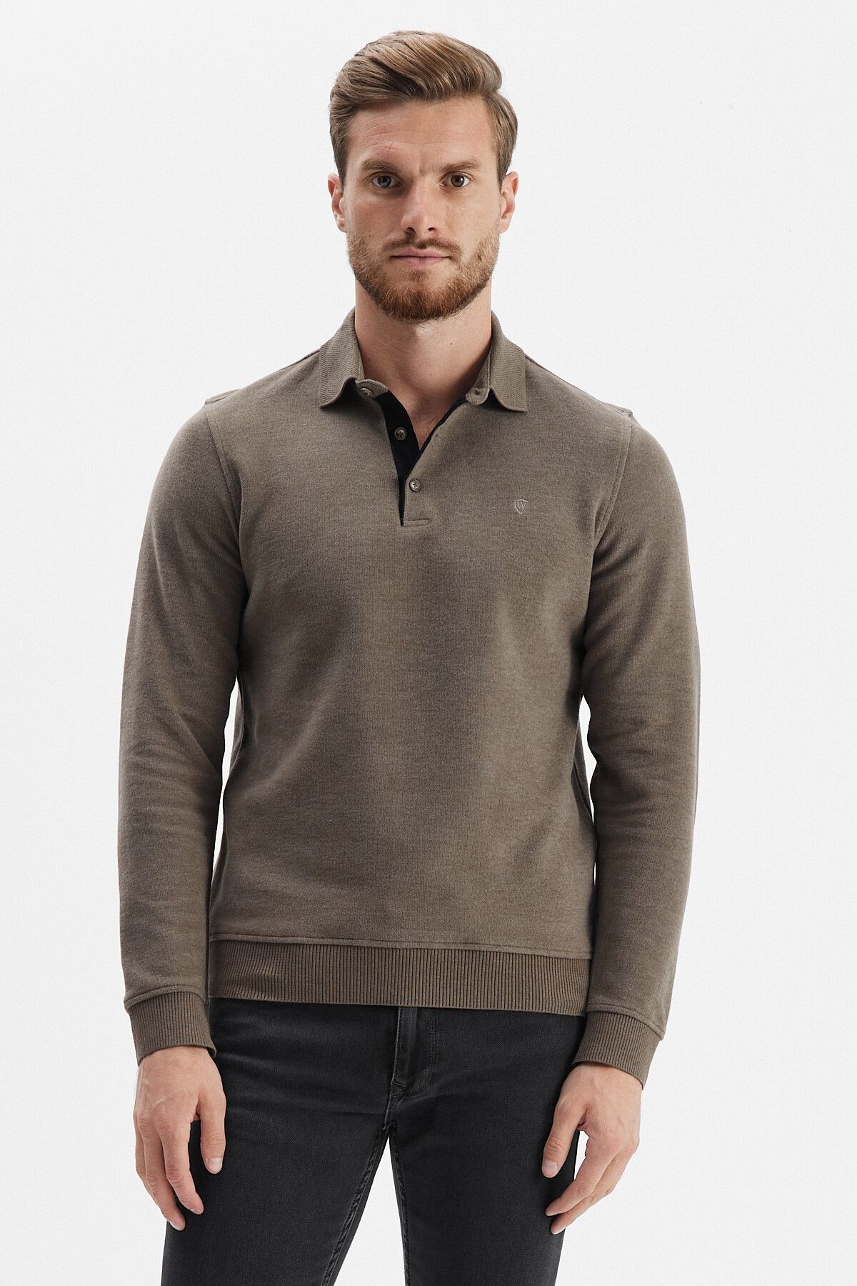 Erkek Uzun Bol Basic Polo Yaka Kışlık Vizon Sweatshirt - Vizon