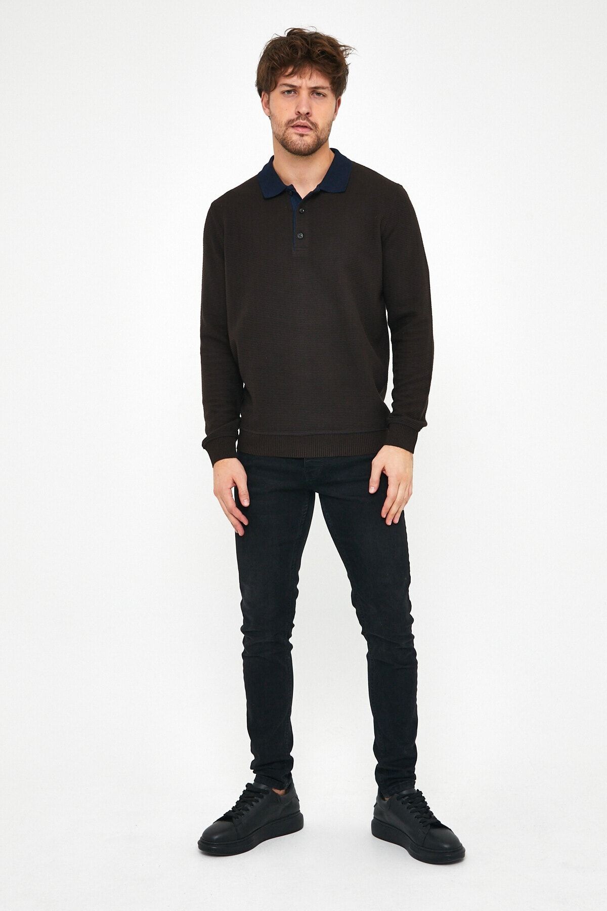 Erkek Polo Yaka Sweatshirt Gri