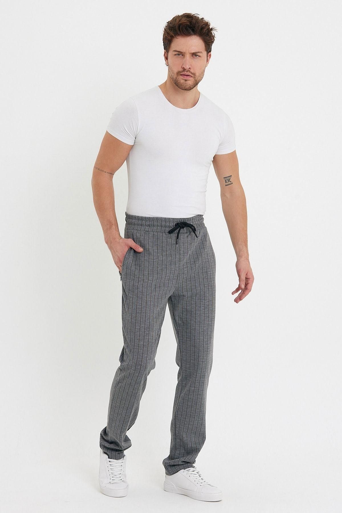 Erkek Çizgili Bel Lastikli Chino Bol Lacivert Pantolon