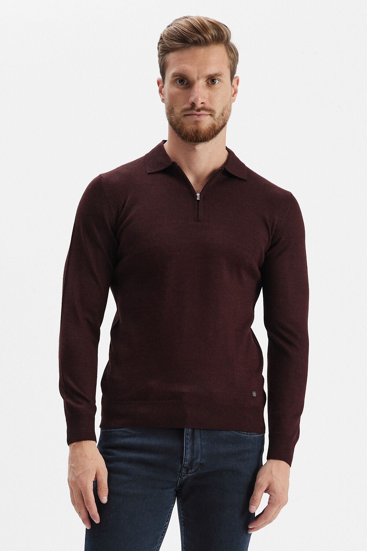 Erkek Fermuarlı Polo Yaka Triko Siyah - Bordo