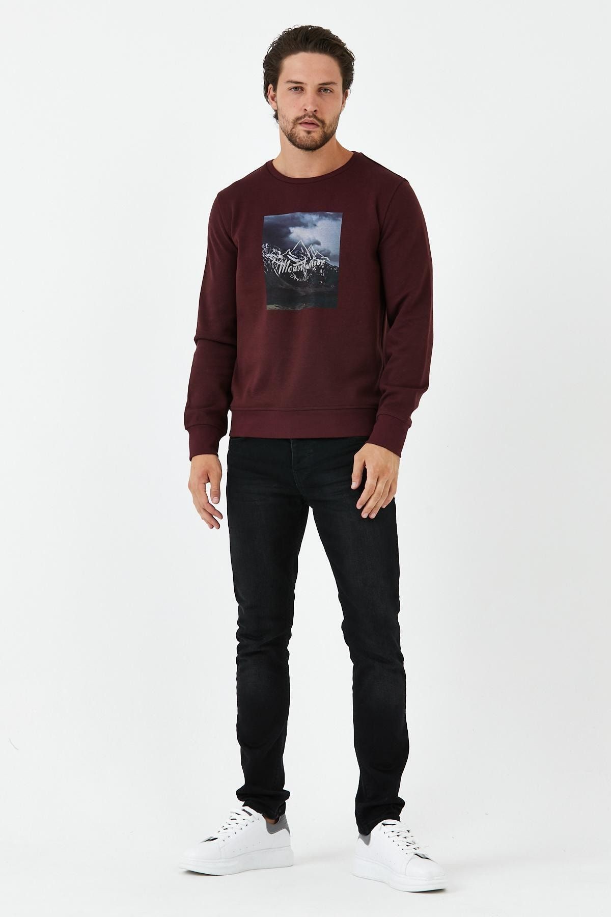 Erkek Kışlık Baskılı Bisiklet Yaka Lacivert Sweatshirt