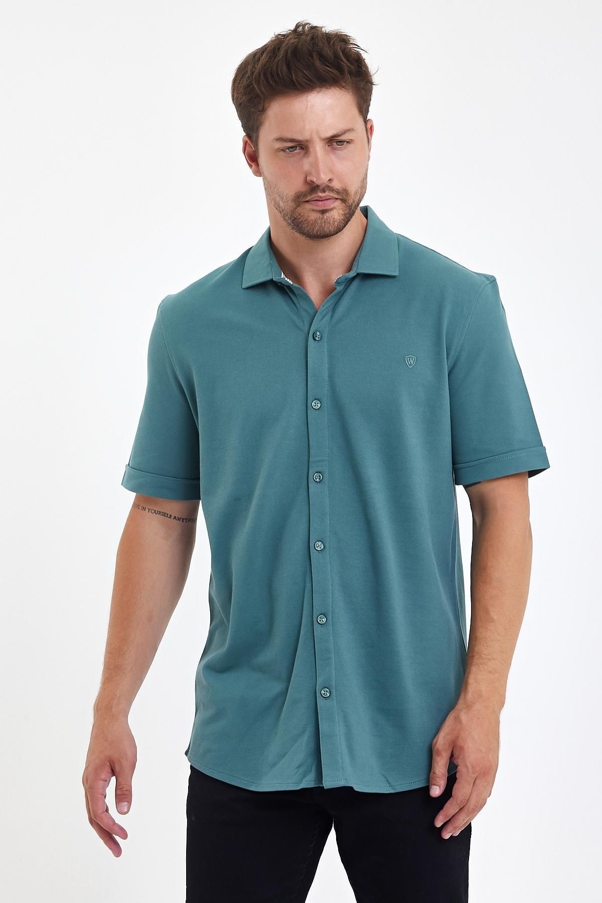 Erkek Polo Yaka Kısa Kollu Düğmeli Bol Bakır Gömlek - Mint