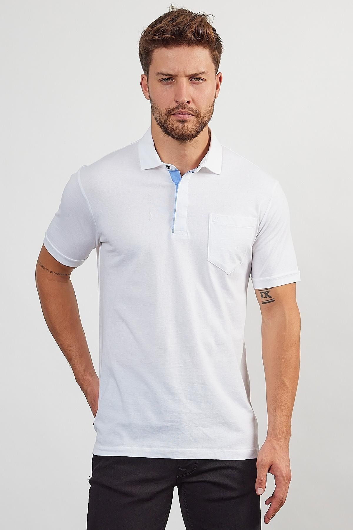 Erkek Basic Cepli Çıtçıtlı Dar Kahverengi Polo Yaka Tişört - Beyaz