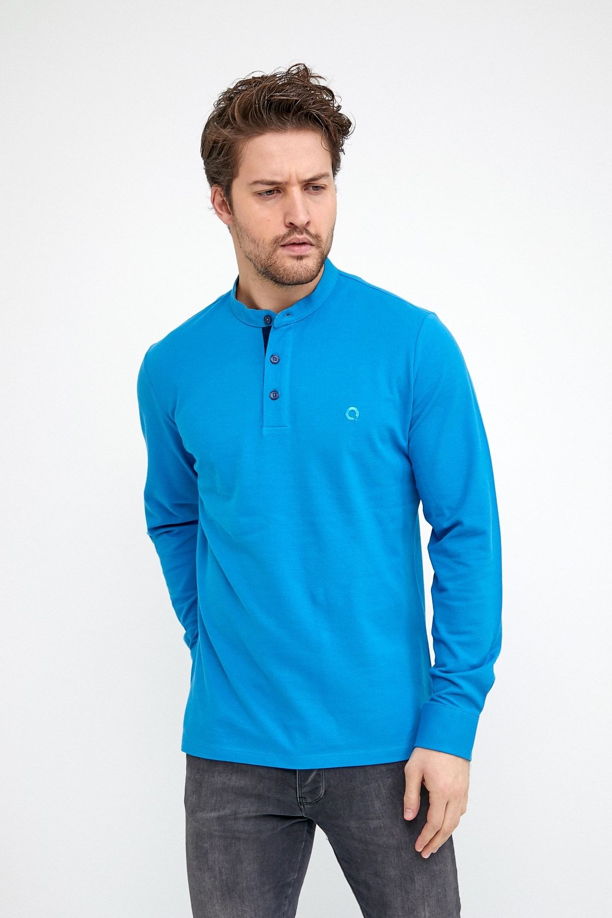 Erkek Hakim Yaka Pike Uzun Kol Sweatshirt Koyu Lacivert - Mavi
