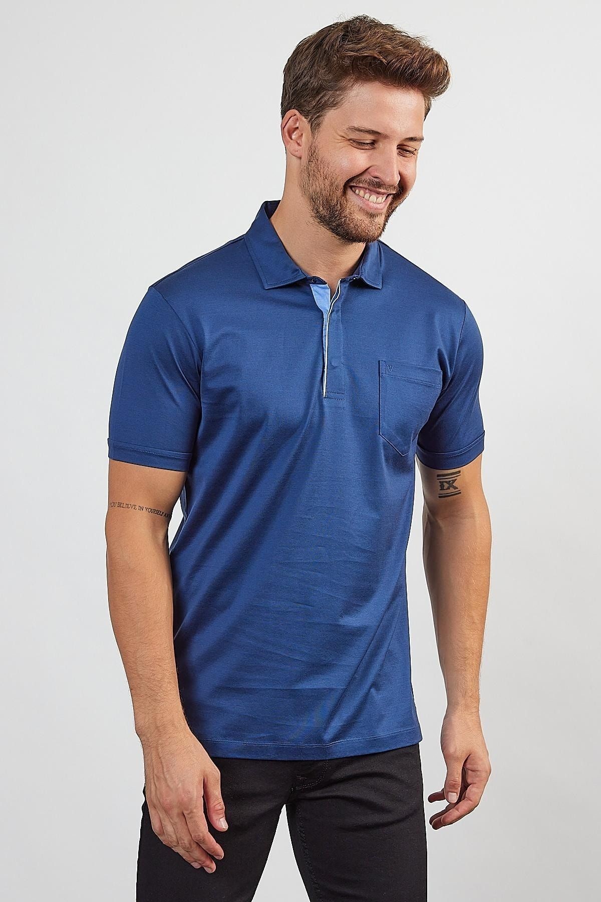 Erkek Basic Cepli Çıtçıtlı Dar Kahverengi Polo Yaka Tişört - Mavi