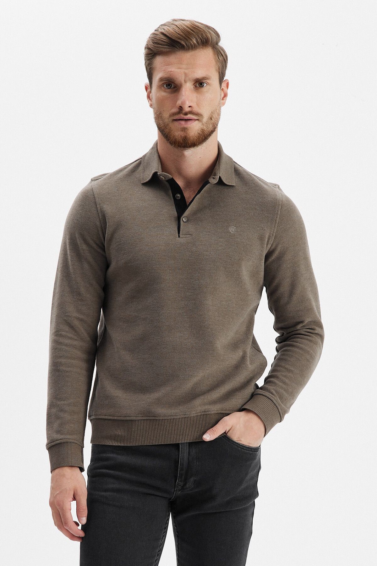 Erkek Uzun Bol Basic Polo Yaka Kışlık Vizon Sweatshirt