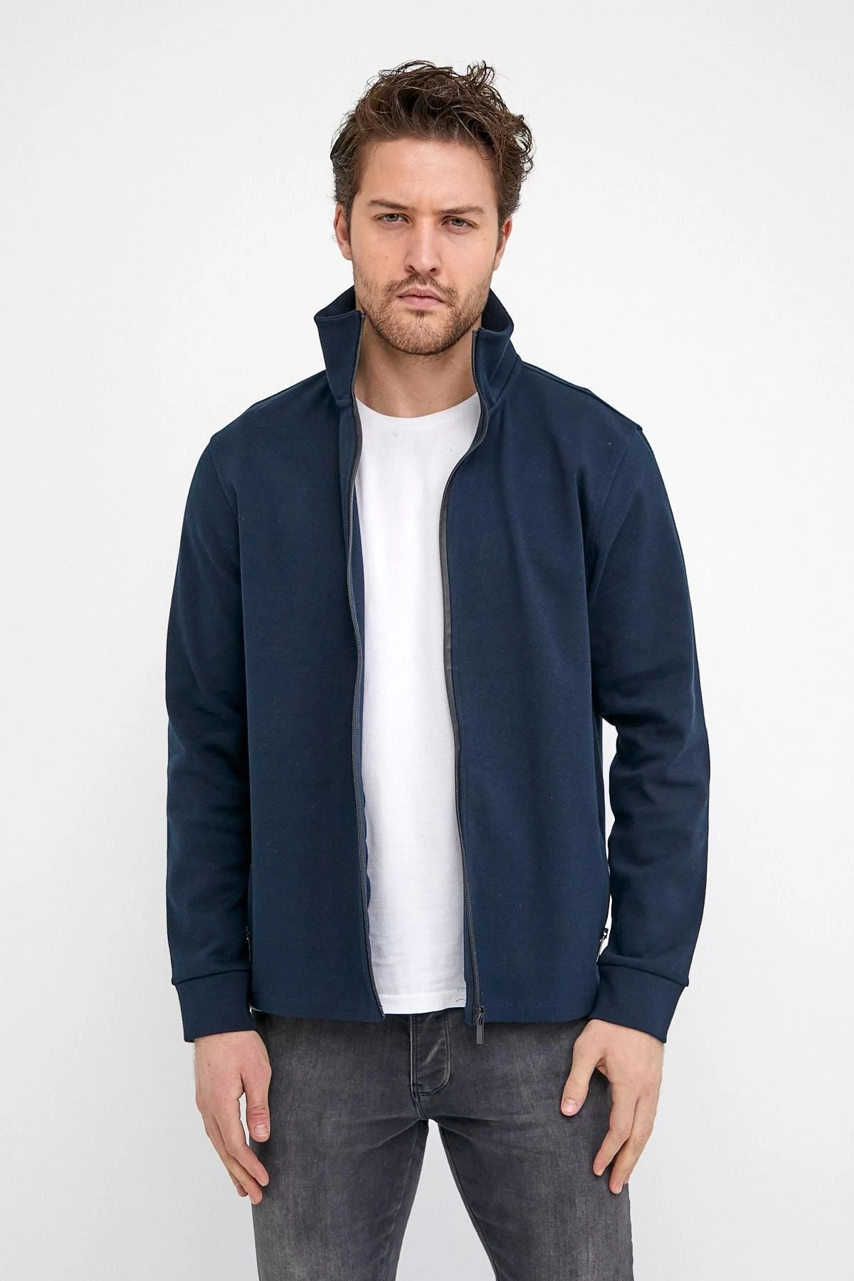 Erkek Comfort Boğazlı Fermuarlı Kışlık Lacivert Mont - Koyu Lacivert