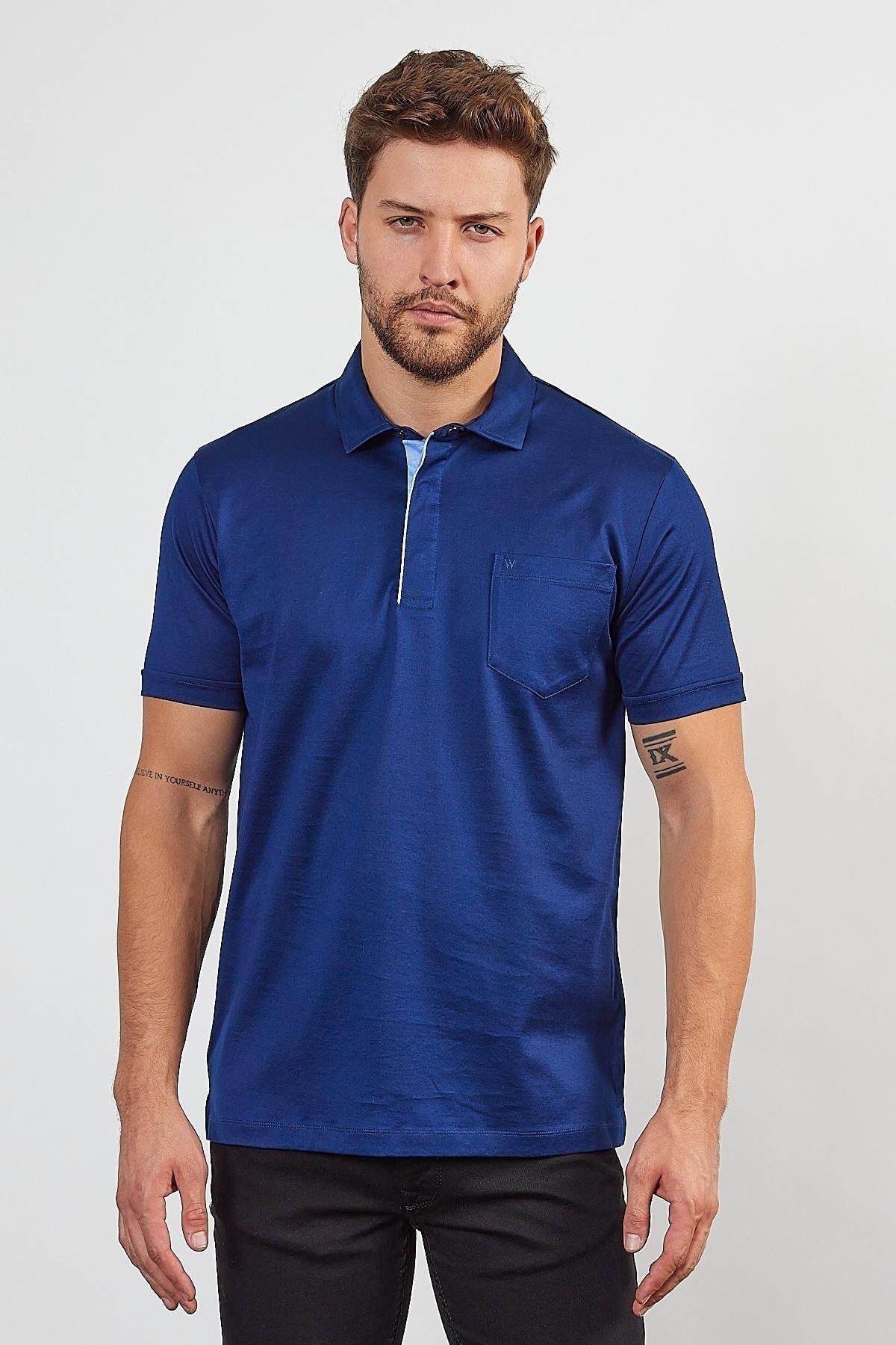 Erkek Basic Cepli Çıtçıtlı Dar Kahverengi Polo Yaka Tişört - Lacivert