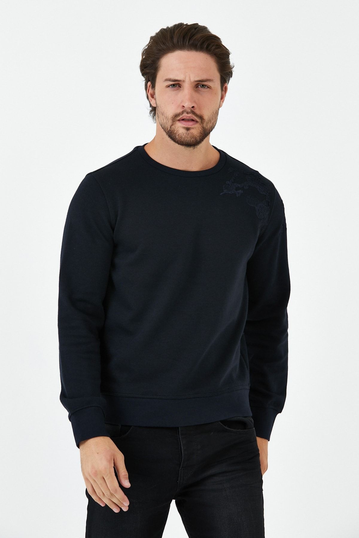 Erkek Uzun Bol Bisiklet Yaka Kışlık Siyah Sweatshirt - Lacivert