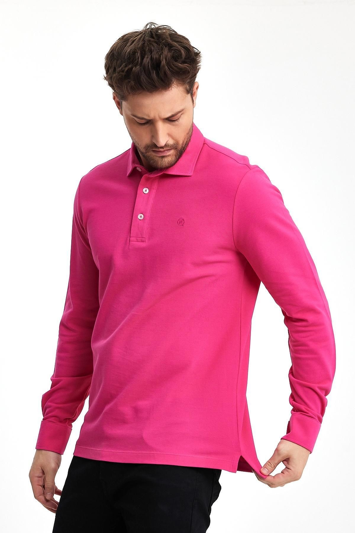 Erkek Polo Yaka Comfort Uzun Kollu Basic Fuşya Tişört