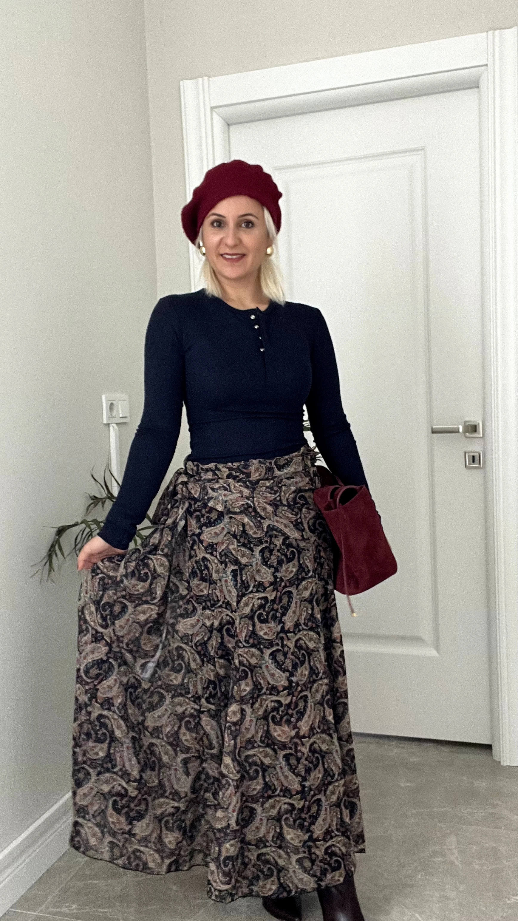 Şal Desen Belden Bağlamalı Şifon Etek Lacivert