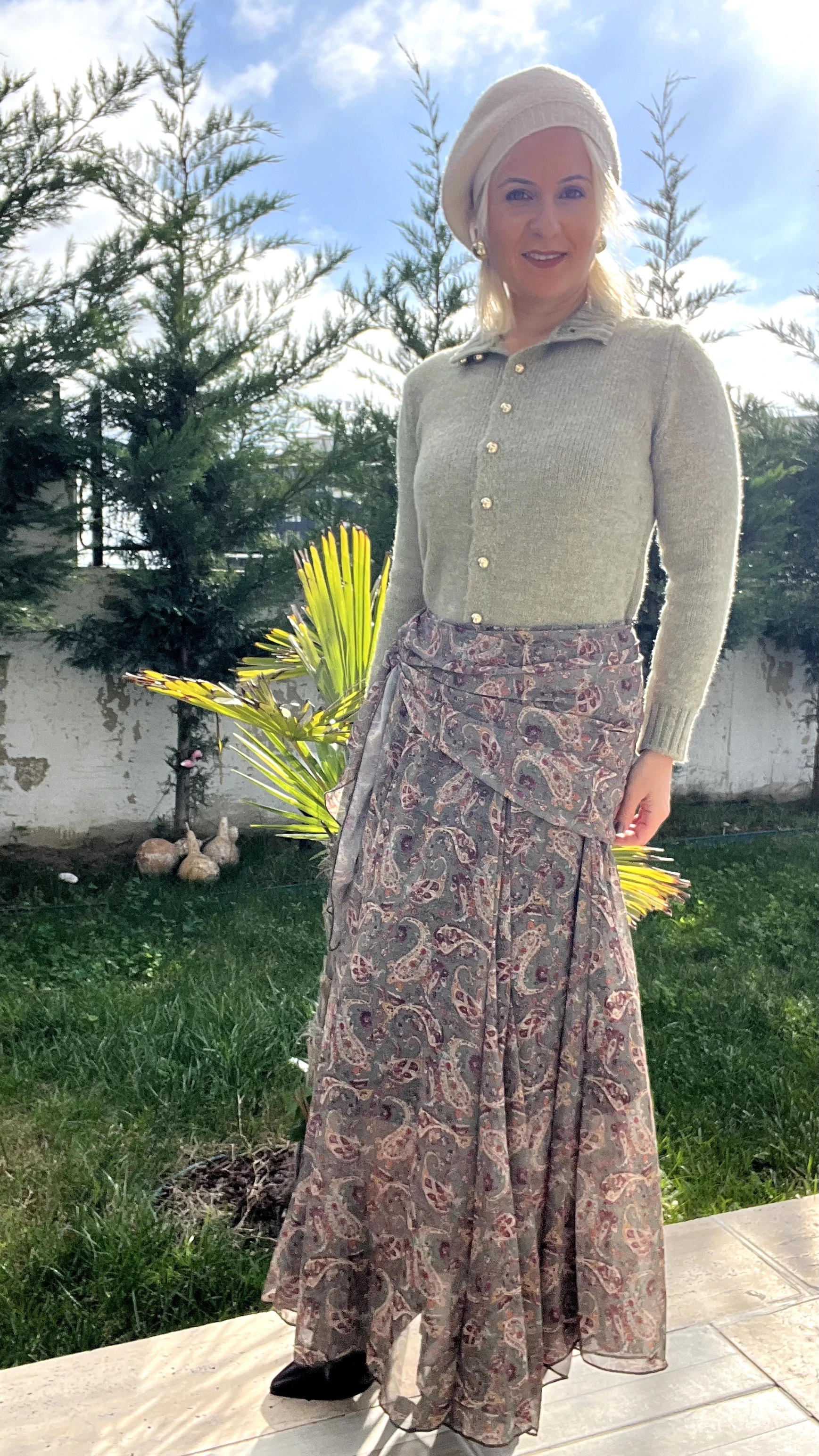 Şal Desen Belden Bağlamalı Şifon Etek Yeşil