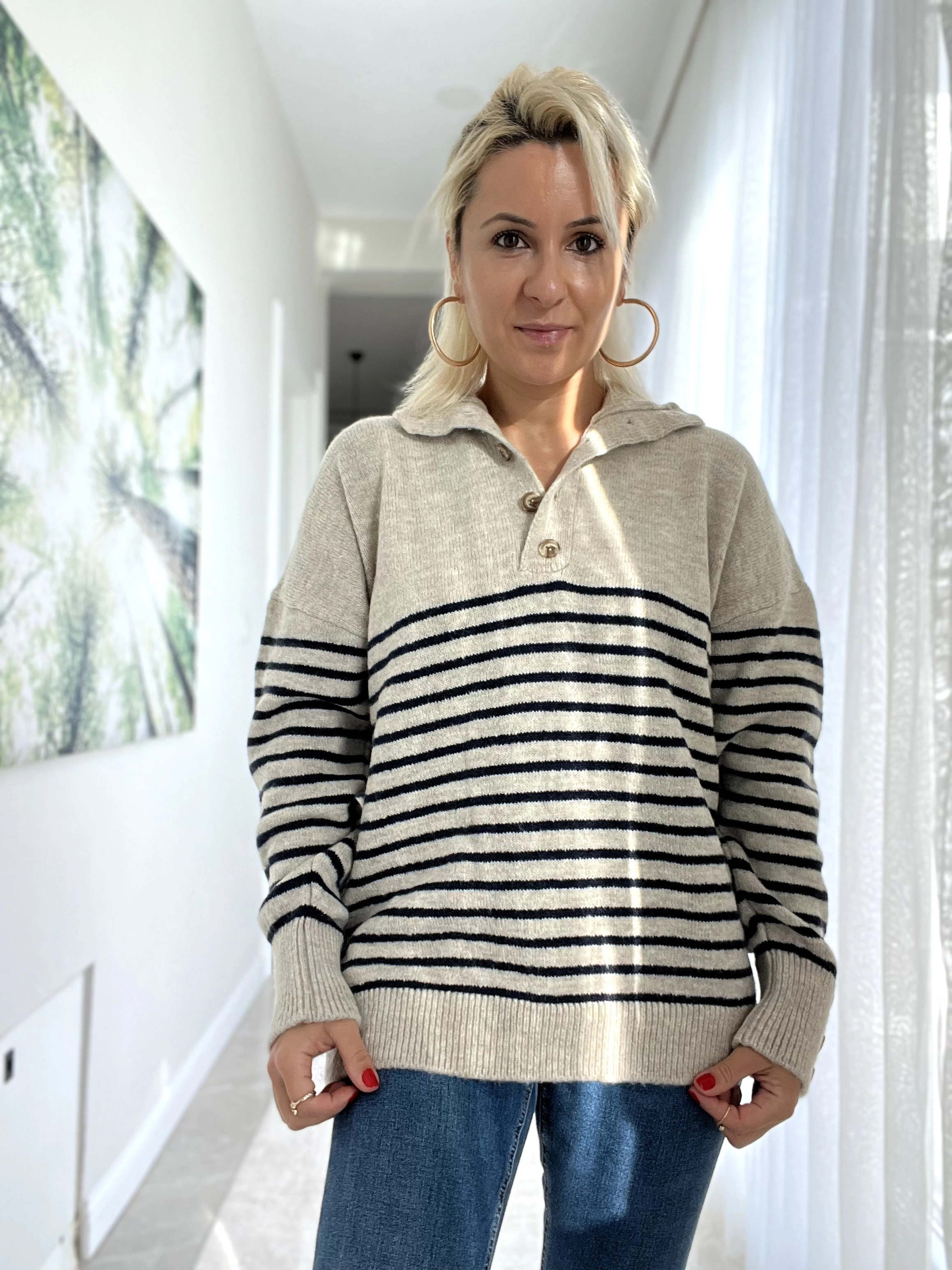 Lacivert Çizgili Düğme Kazak