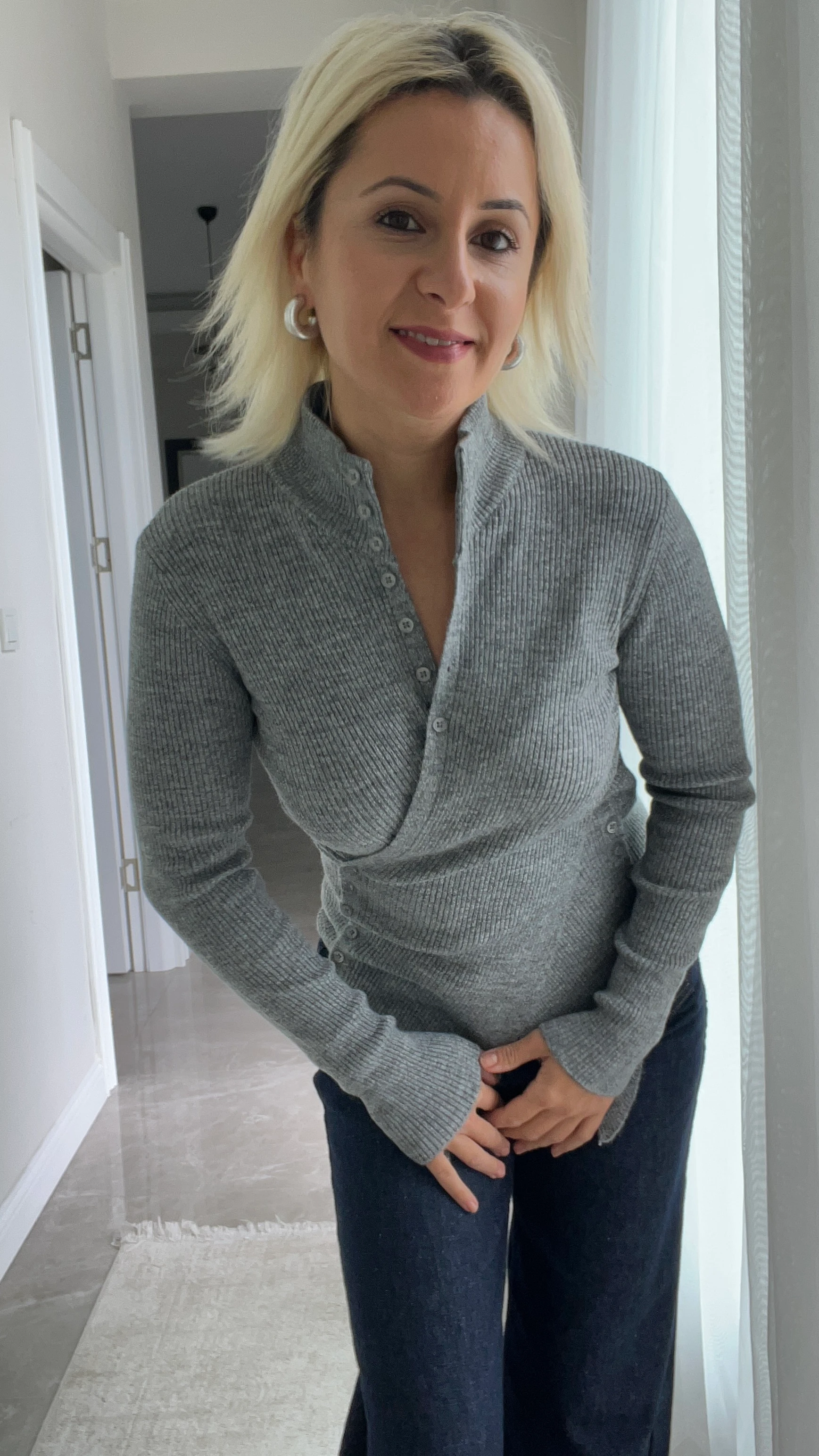 Yan Düğmeli Kazak Gri