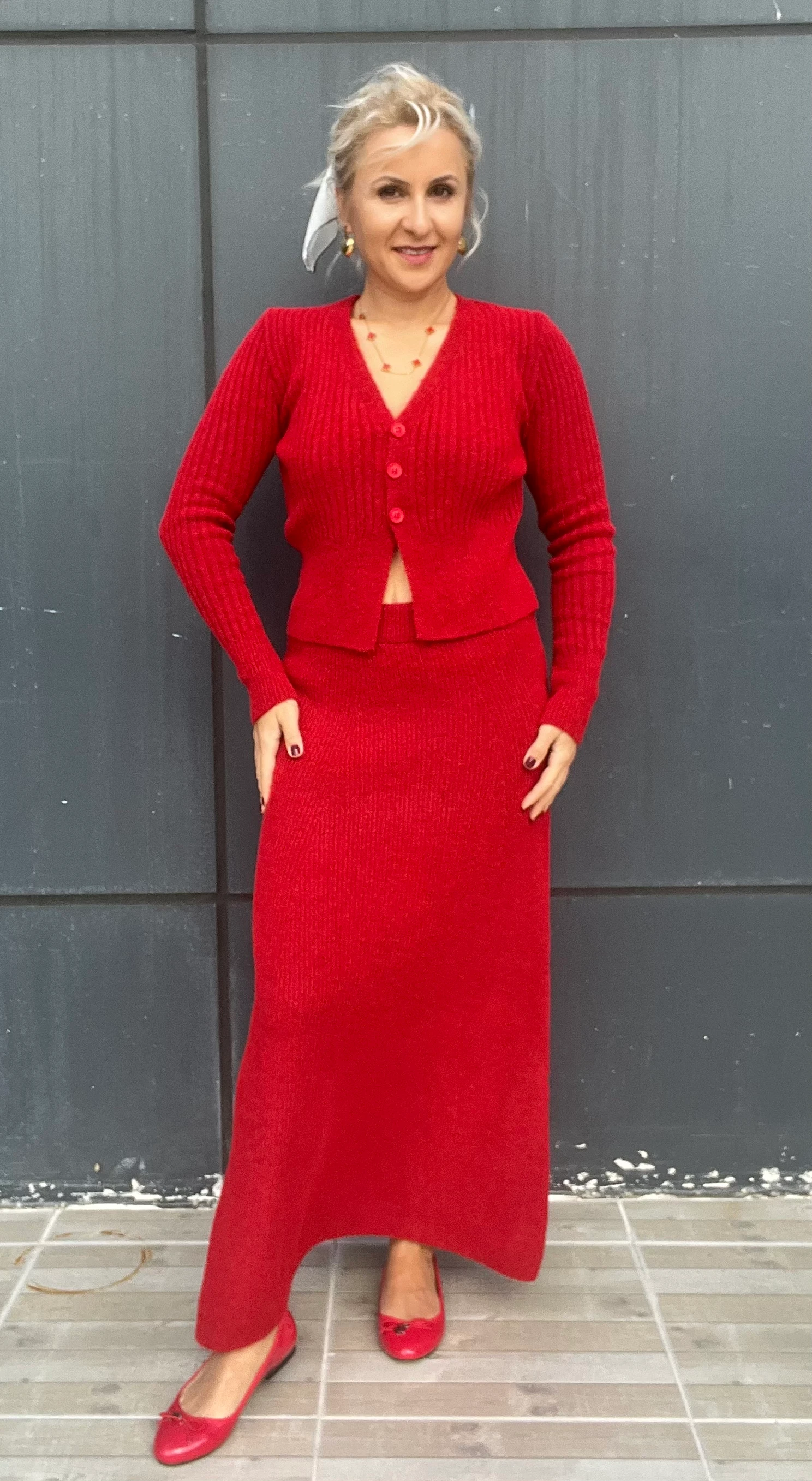 Kırmızı Renk Triko Etek Hırka Takım