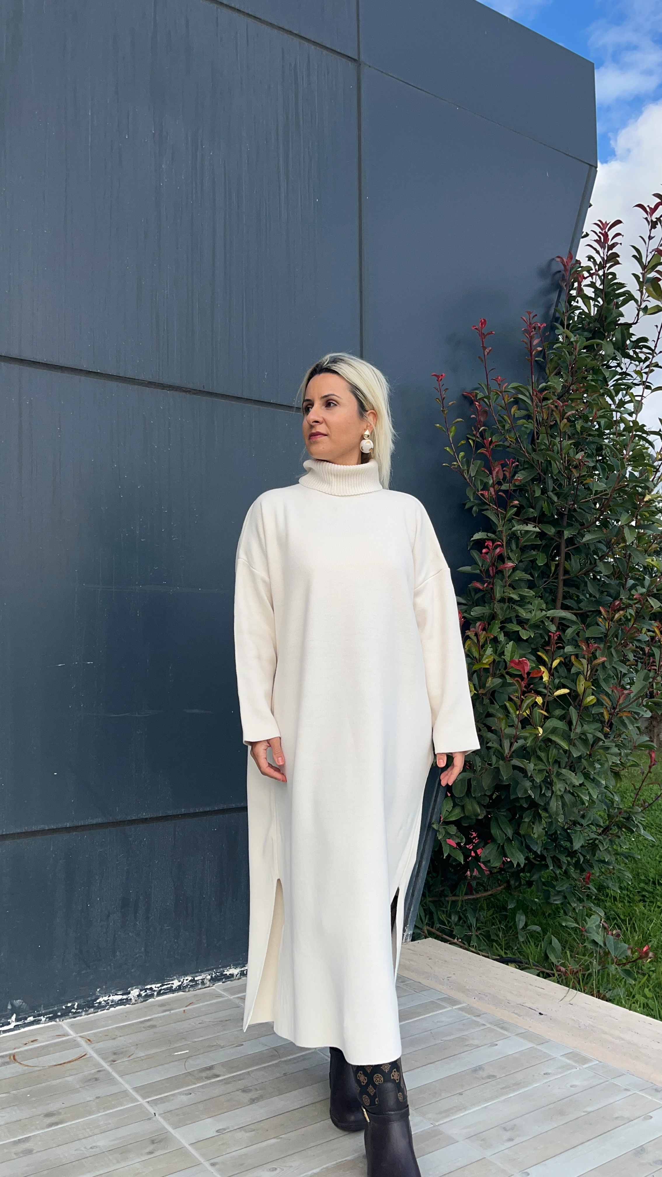 Triko Midi Elbise Krem